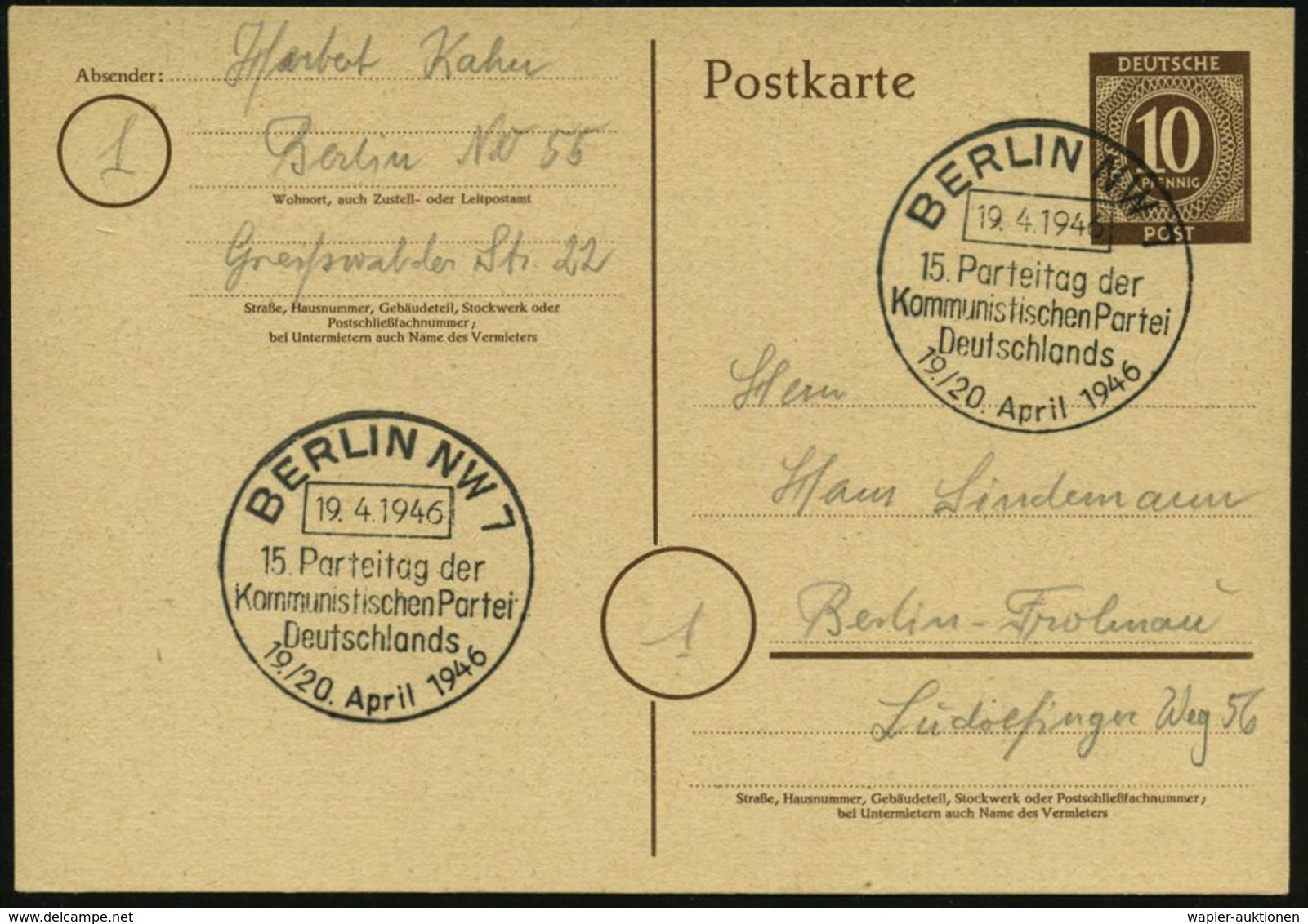 GESCHICHTE VON BERLIN : BERLIN NW 7/ 15.Parteitag Der/ Kommunistischer Partei/ Deutschlands 1946 (19.4.) Seltener SSt Vo - Other & Unclassified