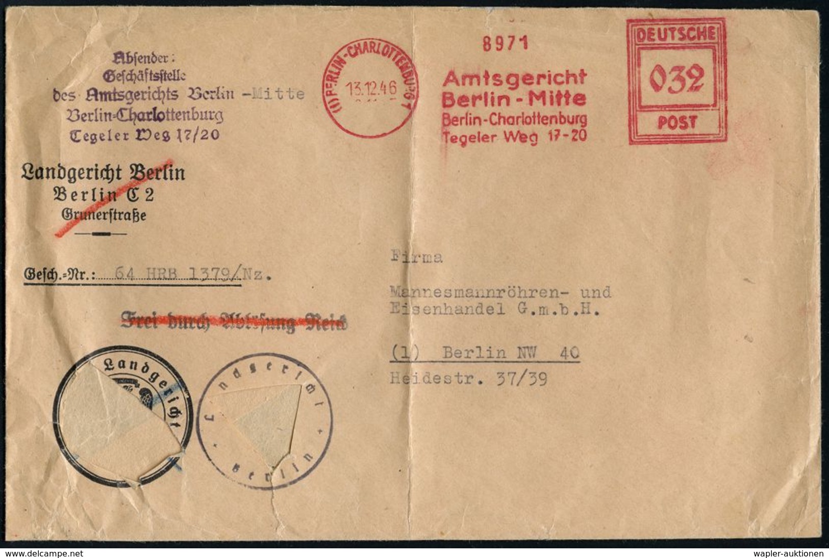 GESCHICHTE VON BERLIN : (1) BERLIN-CHARLOTTENBURG 1/ Amtsgericht/ Berlin-Mitte.. 1946 (13.12.) AFS 032 Pf. Auf Entnazifi - Autres & Non Classés