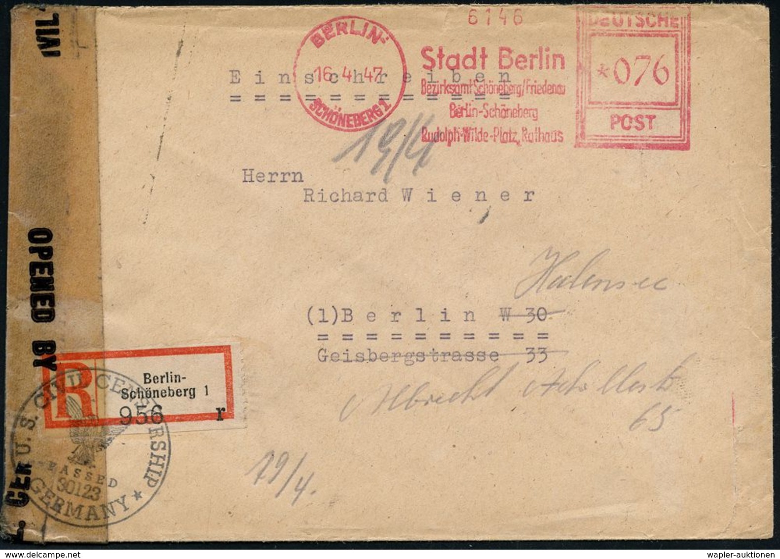 GESCHICHTE VON BERLIN : BERLIN-/ SCHÖNEBERG 1/ Stadt Berlin/ Bezirksamt Schöneberg-Friedenau.. 1947 (16.4.) AFS Francoty - Andere & Zonder Classificatie