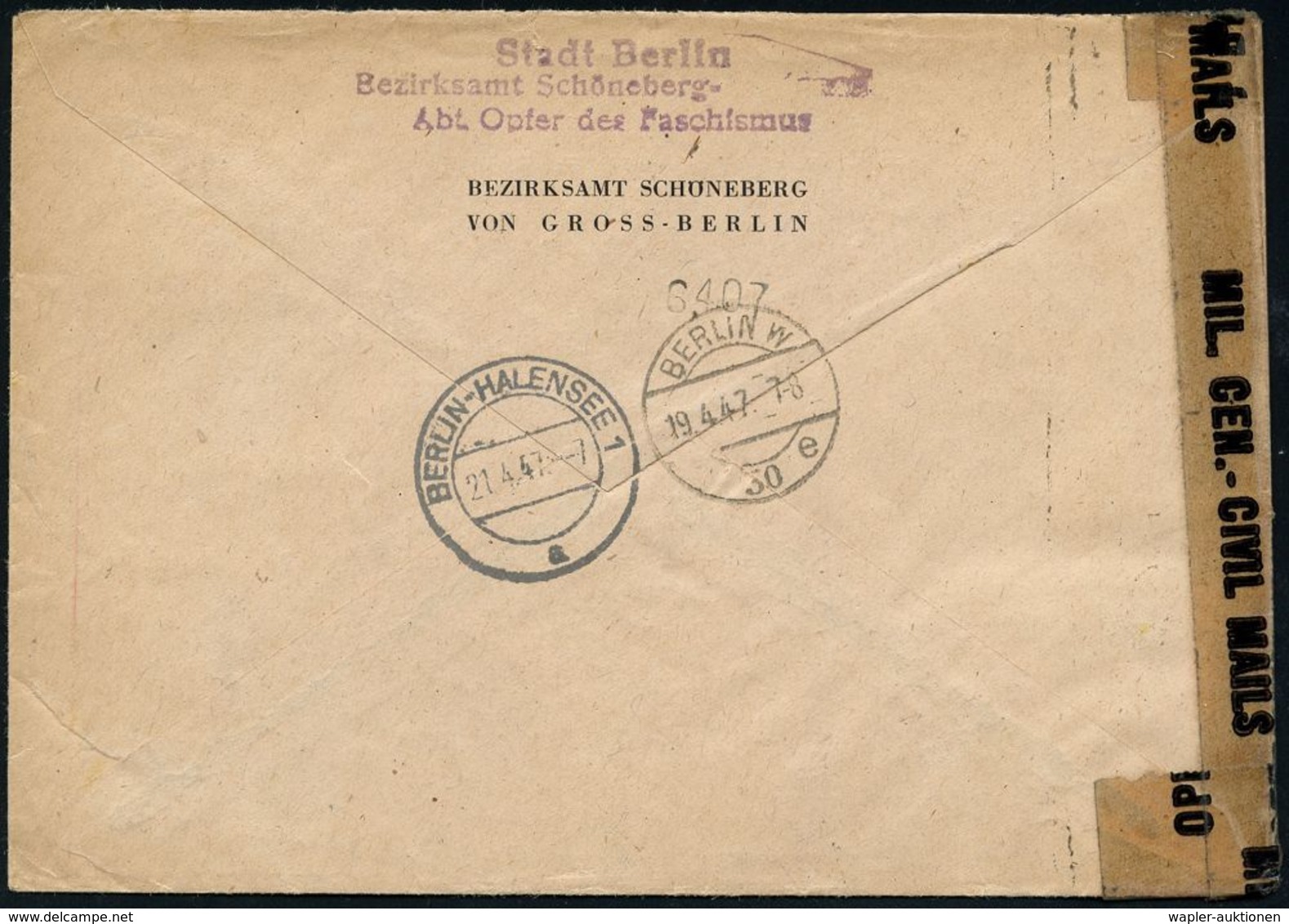 GESCHICHTE VON BERLIN : BERLIN-/ SCHÖNEBERG 1/ Stadt Berlin/ Bezirksamt Schöneberg-Friedenau.. 1947 (16.4.) AFS Francoty - Other & Unclassified