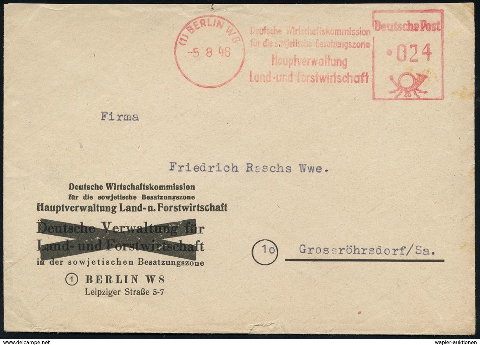 GESCHICHTE VON BERLIN : (1) BERLIN W 8/ Deutsche Wirtschaftskommission/ Für Die Sowjetische Besatzungszone 1948 (5.8.) S - Other & Unclassified