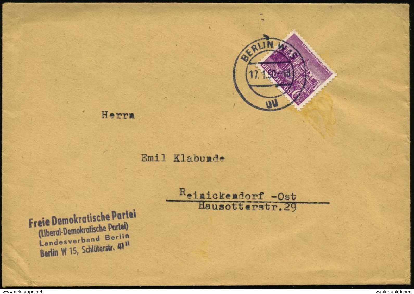 GESCHICHTE VON BERLIN : BERLIN W15/ Uu 1950 (17.1.) 2K-Steg Auf EF 6 Pf. Reichstag + Abs.-4L: Freie Demokratische Partei - Other & Unclassified