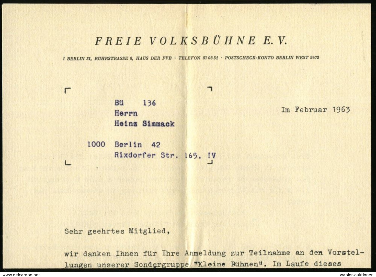 GESCHICHTE VON BERLIN : 1 BERLIN 31/ Freie Volksbühne/ Alle Bauen Mit/ Ein Theater Für Alle 1964 (27.2.) AFS + Inhalt! , - Other & Unclassified