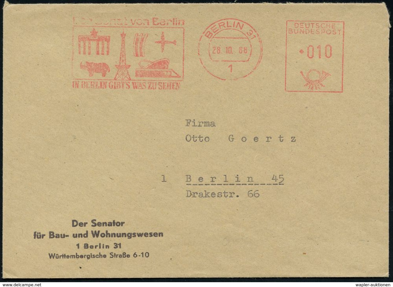 GESCHICHTE VON BERLIN : 1 BERLIN 31/ Der Senat Von Berlin.. 1968 (28.10.) AFS Francotyp "DEUTSCHE BUNDESPOST"  O H N E   - Altri & Non Classificati