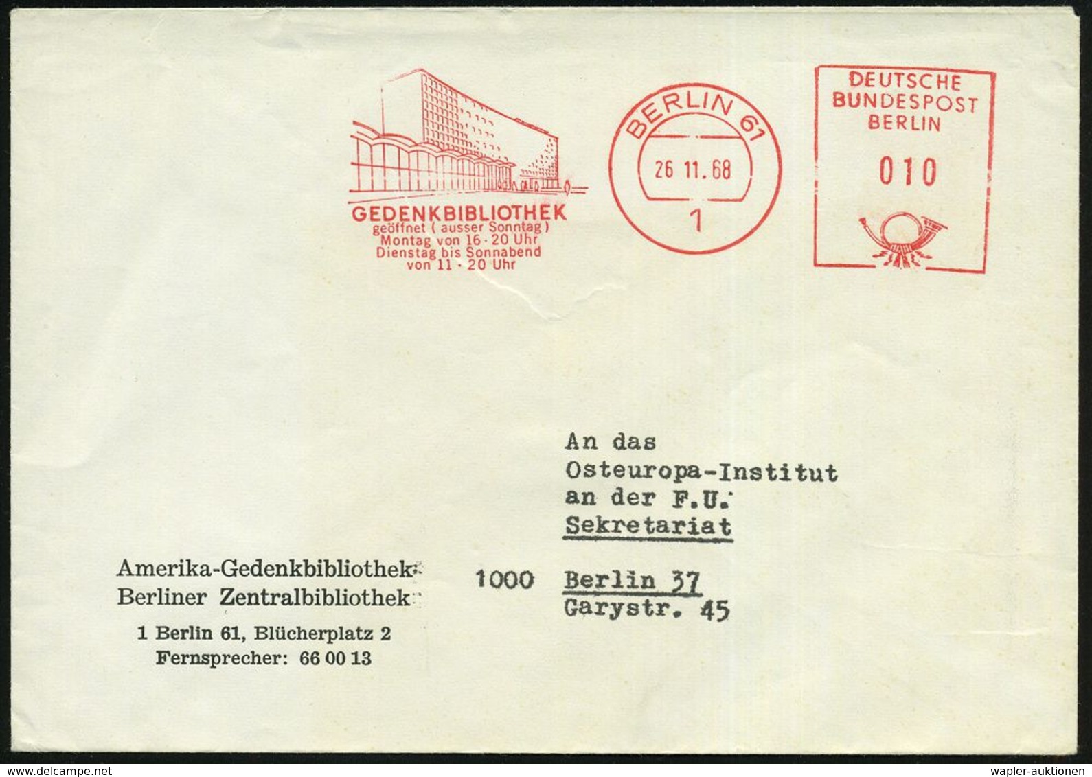 GESCHICHTE VON BERLIN : 1 BERLIN 61/ GEDENKBIBLIOTHEK.. 1969 (1.9.) AFS = Amerika-Gedenkbibliothek , Klar Gest. Orts-Vor - Sonstige & Ohne Zuordnung