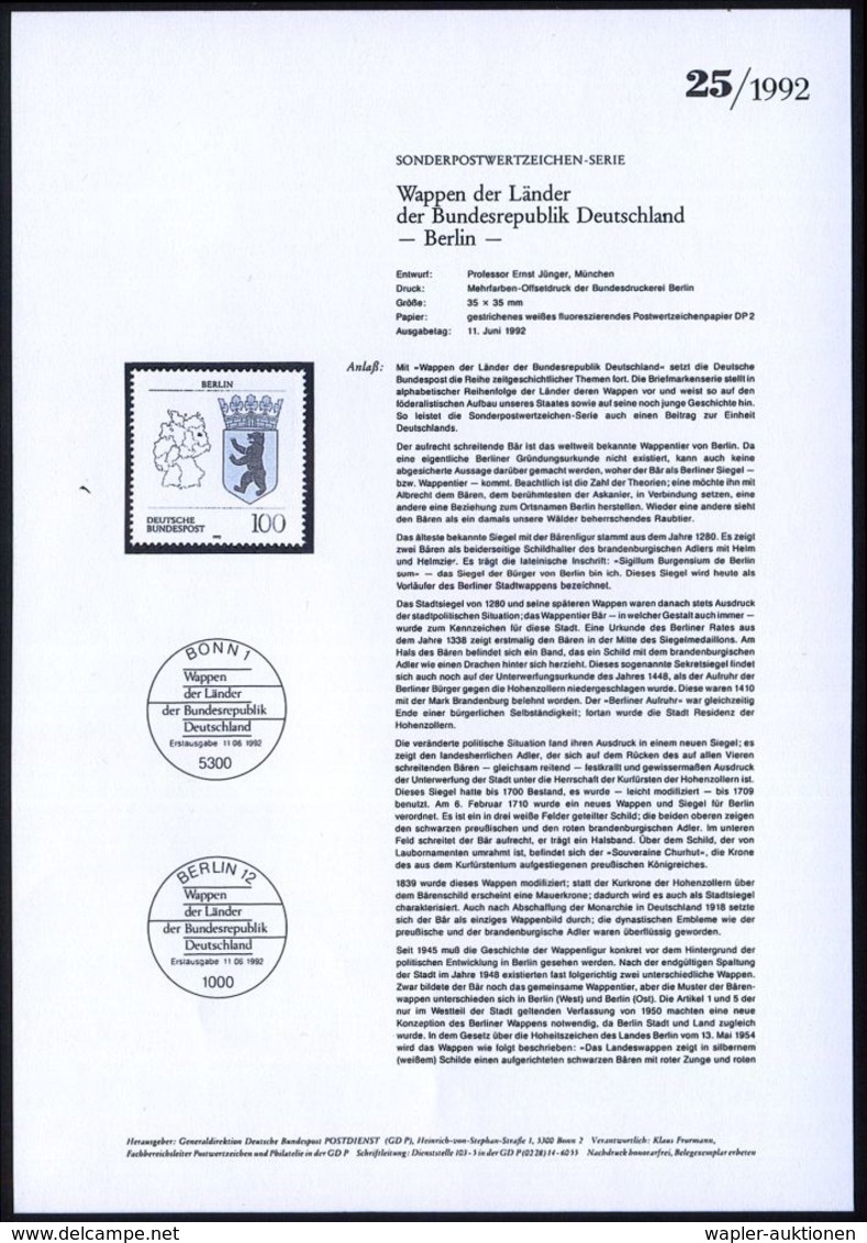 GESCHICHTE VON BERLIN : B.R.D. 1992 (Juni) 100 Pf. Wappen Der  Bundesländer: Land Berlin Mit Amtl. Handstempel  "M U S T - Other & Unclassified