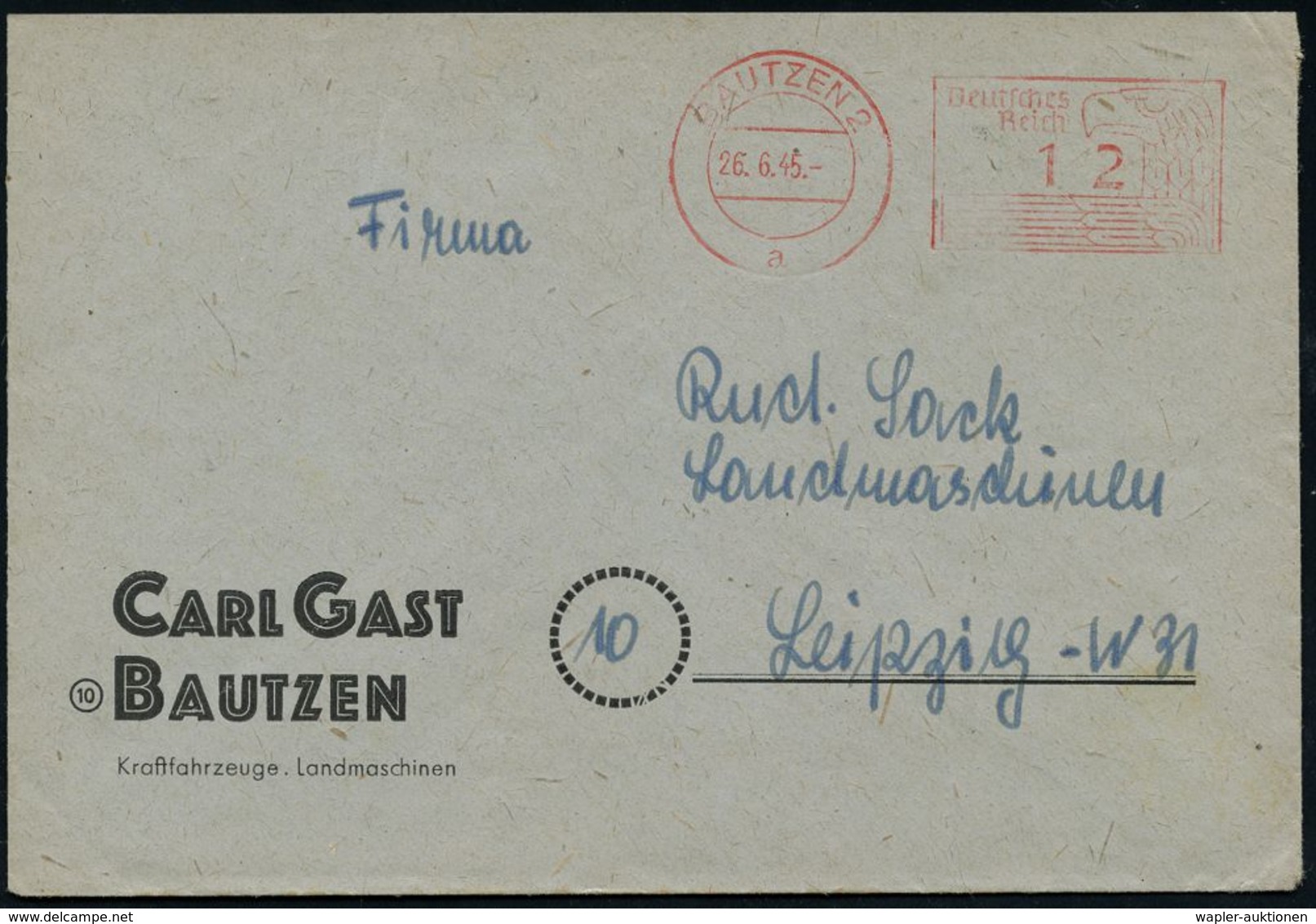 SOWJETISCHE BESATZUNGSZONE (1945-49) : BAUTZEN 2/ Deutsches/ Reich 1945 (26.6.) Aptierter PFS "Adlerkopf/Hakenkreuz" (Ha - Sonstige & Ohne Zuordnung