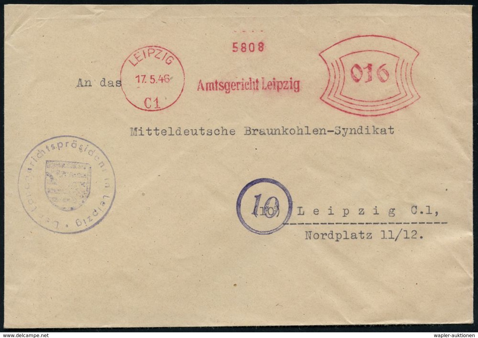 SOWJETISCHE BESATZUNGSZONE (1945-49) : LEIPZIG/ C1/ Amtsgericht.. 1946 (17.5.) Aptierter AFS Francotyp "Bogenrechteck",  - Autres & Non Classés