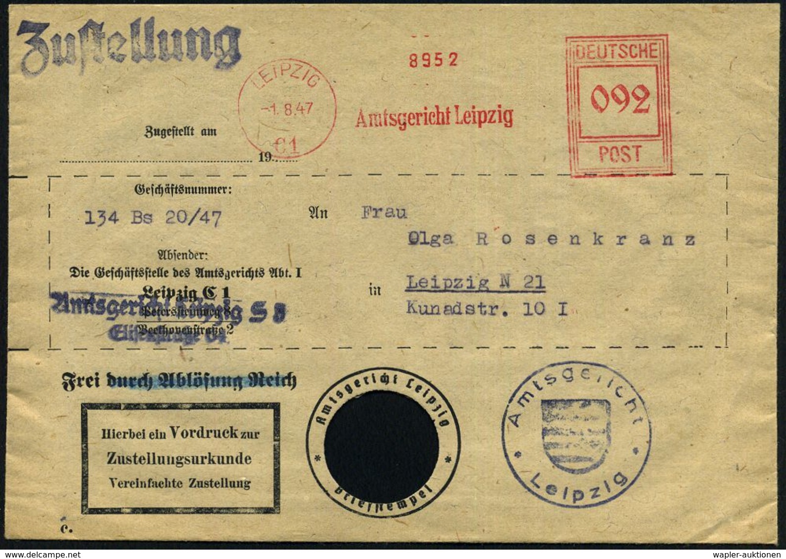 SOWJETISCHE BESATZUNGSZONE (1945-49) : LEIPZIG/ C 1/ Amtsgericht.. 1947 (1.8.) AFS Francotyp "Hochrechteck" 092 Pf. + 1L - Autres & Non Classés