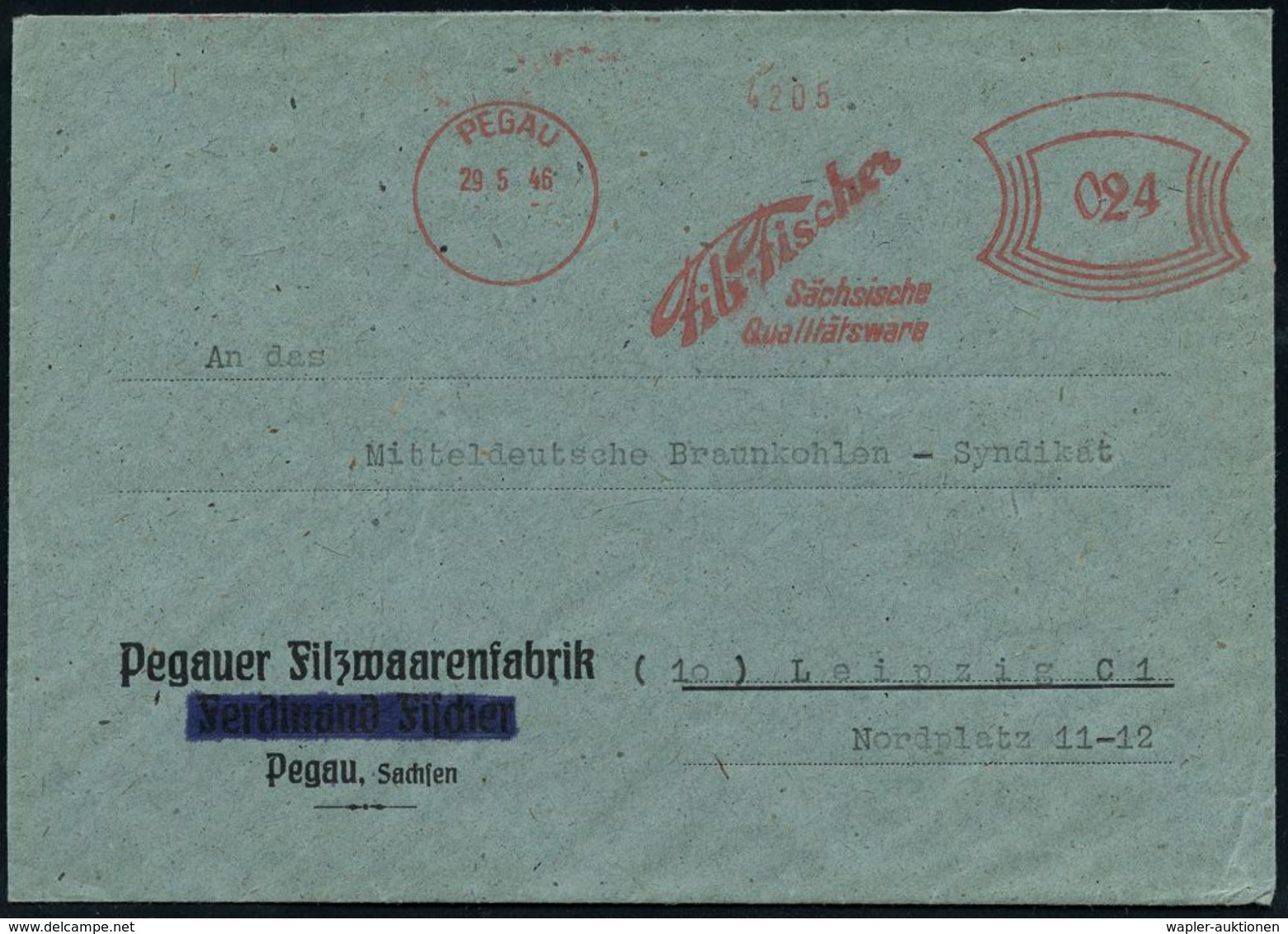 SOWJETISCHE BESATZUNGSZONE (1945-49) : PEGAU/ Filz-Fischer/ Sächs./ Qualitätsware 1946 (29.5.) Aptierter AFS Francotyp " - Other & Unclassified