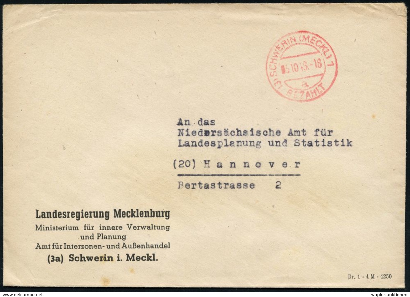 SOWJETISCHE BESATZUNGSZONE (1945-49) : (3) SCHWERIN (MECKL)1/ A/ BEZAHLT 1948 (5.10.) Roter 2K-Steg-PFS Auf Dienst-Bf.:  - Autres & Non Classés