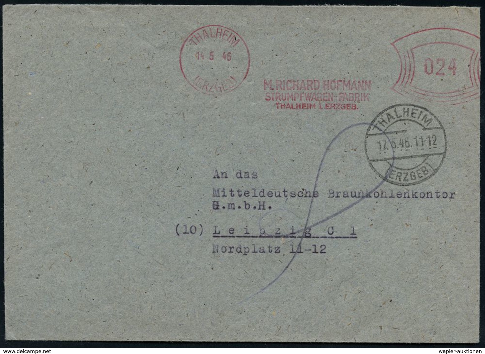 SOWJETISCHE BESATZUNGSZONE (1945-49) : THALHEIM/ (ERZGEB)/ M.RICHARD HOFMANN/ STRUMPFWAREN-FABRIK.. 1946 (14.5.) Aptiert - Autres & Non Classés