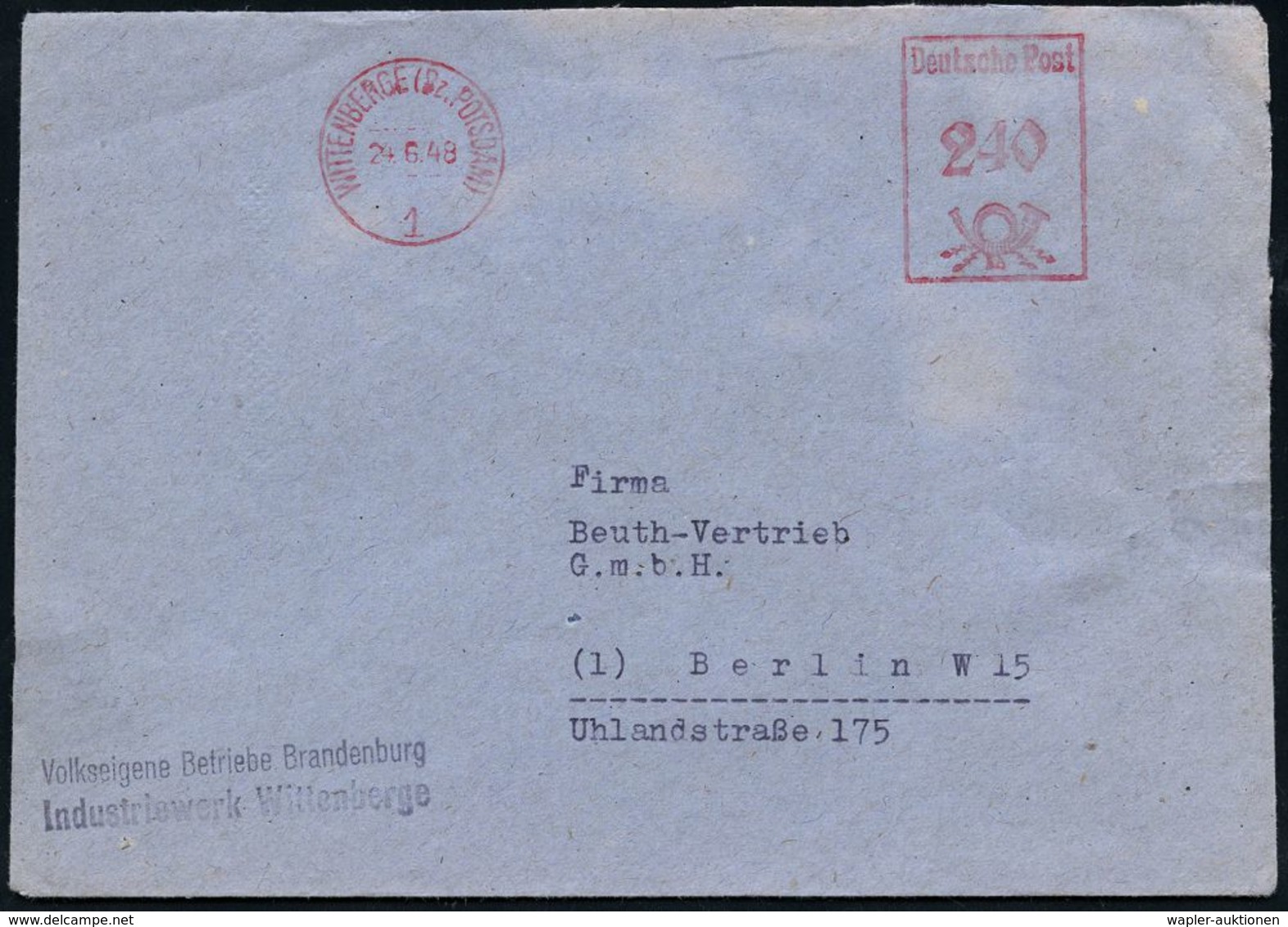 SOWJETISCHE BESATZUNGSZONE (1945-49) : WITTENBERGE (Bz.POTSDAM) 1948 (24.6.) Aptierter AFS (Klischee Entfernt) 240 Pf. Z - Autres & Non Classés