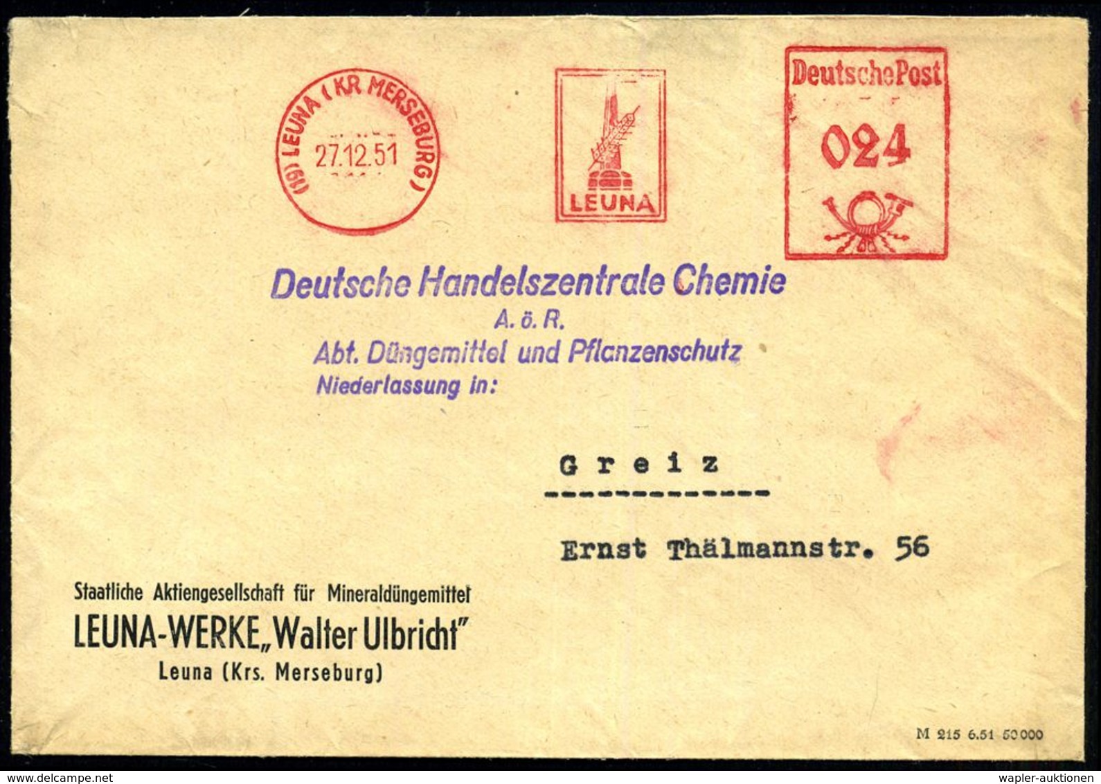 DEUTSCH-SOWJETISCHE AKTIENGESELLSCHAFTEN / S.A.G. : (19) LEUNA (KR MERSEBURG)/ LEUNA 1951 (27.12.) AFS = Firmenlogo Auf  - Other & Unclassified