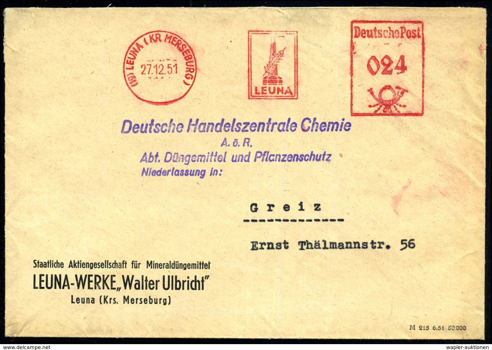 DEUTSCH-SOWJETISCHE AKTIENGESELLSCHAFTEN / S.A.G. : (19) LEUNA (KR MERSEBURG)/ LEUNA 1951 (27.12.) AFS = Firmenlogo Auf  - Autres & Non Classés