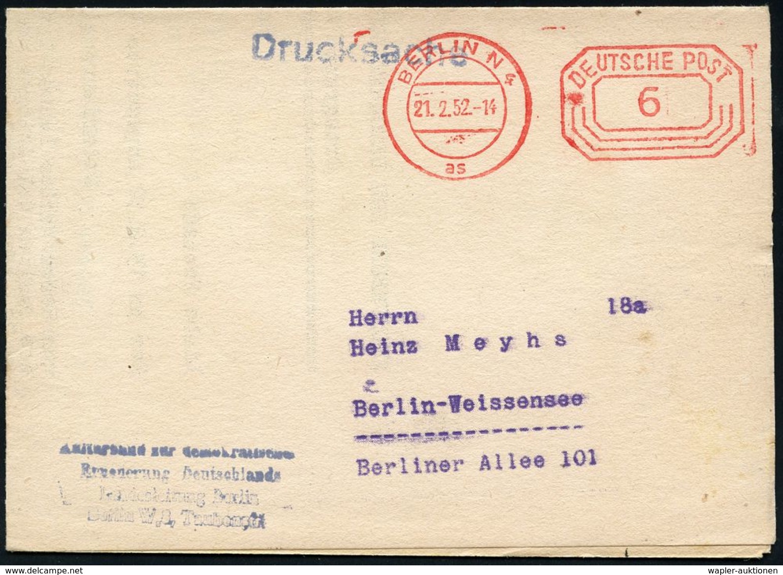 GESCHICHTE DER D.D.R. (1949 - 1990) : BERLIN N 4/ As 1952 (21.2.) PFS 6 Pf. Achteck + Abs.-4L: Kulturbund Zur..Erneuerun - Autres & Non Classés