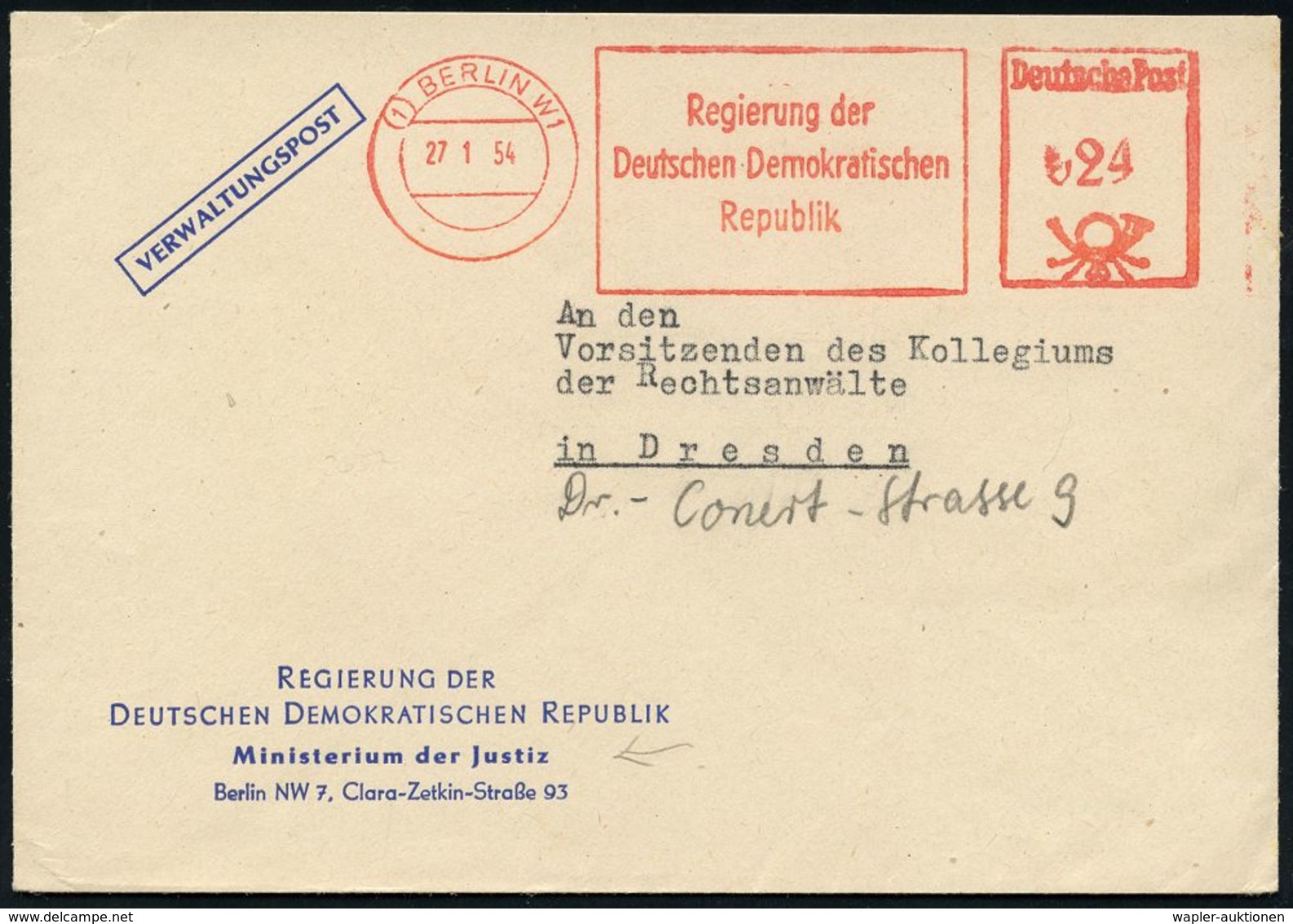 GESCHICHTE DER D.D.R. (1949 - 1990) : (1) BERLIN W 1/ Regierung Der/ DDR 1954 (27.1.) AFS Auf Dienst-Bf: Ministerium Der - Sonstige & Ohne Zuordnung