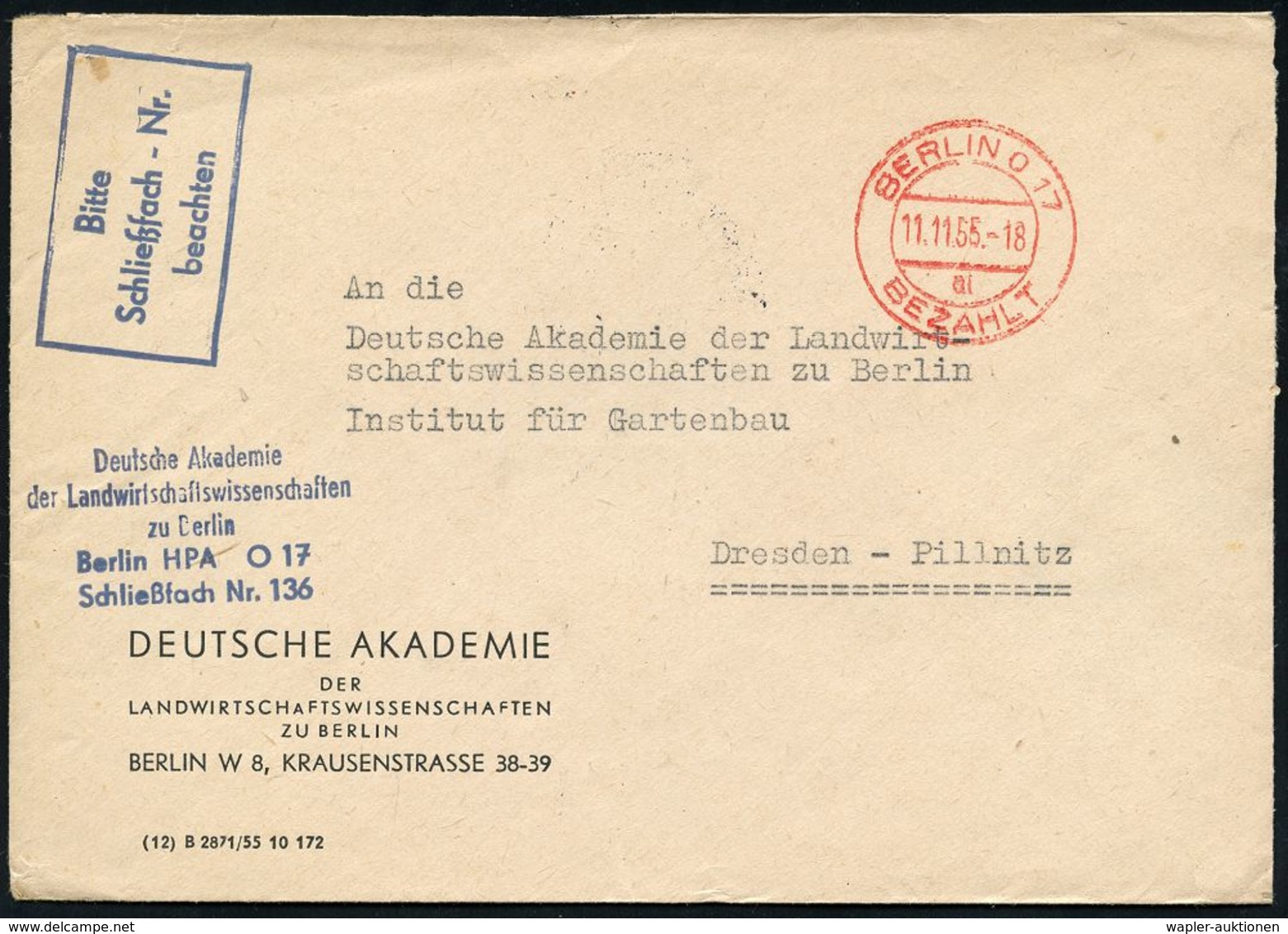 GESCHICHTE DER D.D.R. (1949 - 1990) : BERLIN O 17/ Ai/ BEZAHLT 1955 (11.11.) 2K-Steg-PFS Verwlatungspost "A" + Abs.-HdN  - Autres & Non Classés