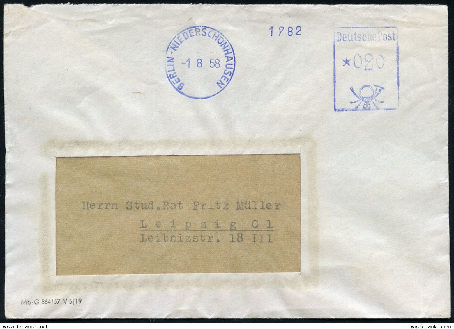 GESCHICHTE DER D.D.R. (1949 - 1990) : BERLIN-NIEDERSCHÖNHAUSEN 1958 (1.8.) Blauer, Aptierter AFS = Klischee Entfernt *02 - Other & Unclassified