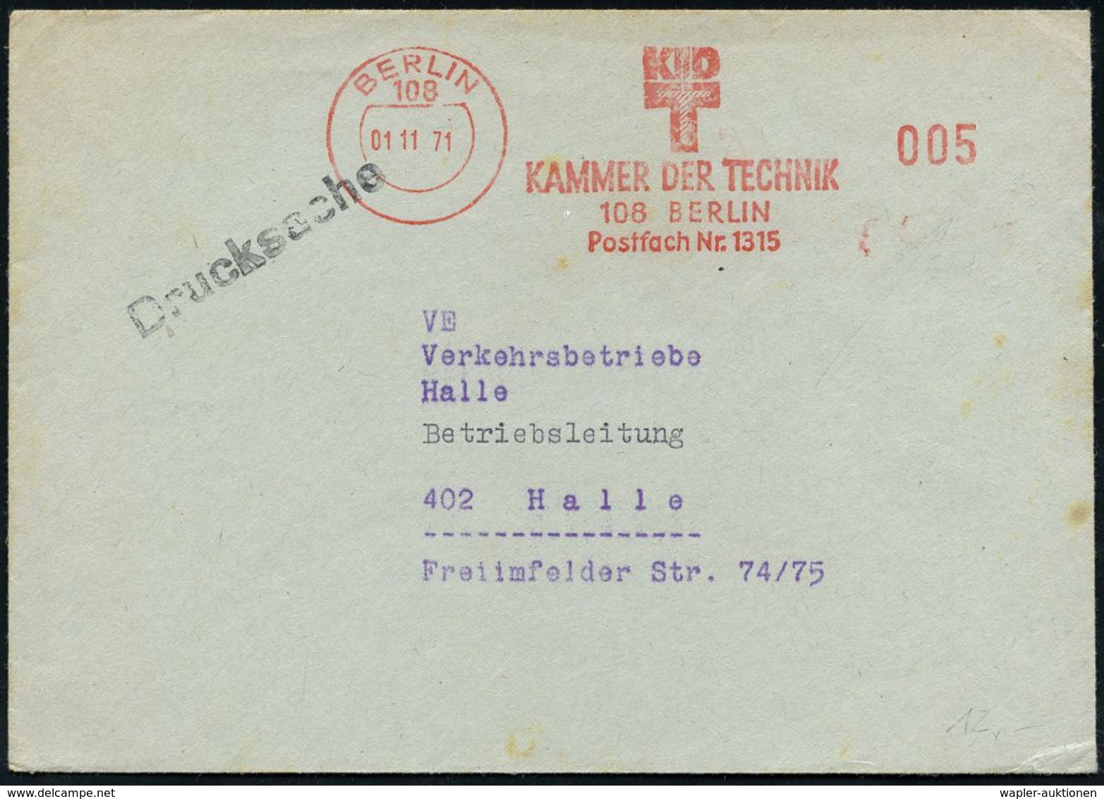 GESCHICHTE DER D.D.R. (1949 - 1990) : 108 BERLIN/ KDT/ KAMMER DER TECHNIK.. 1971 (1.11.) Seltener, Aptierter AFS 005 Pf. - Autres & Non Classés