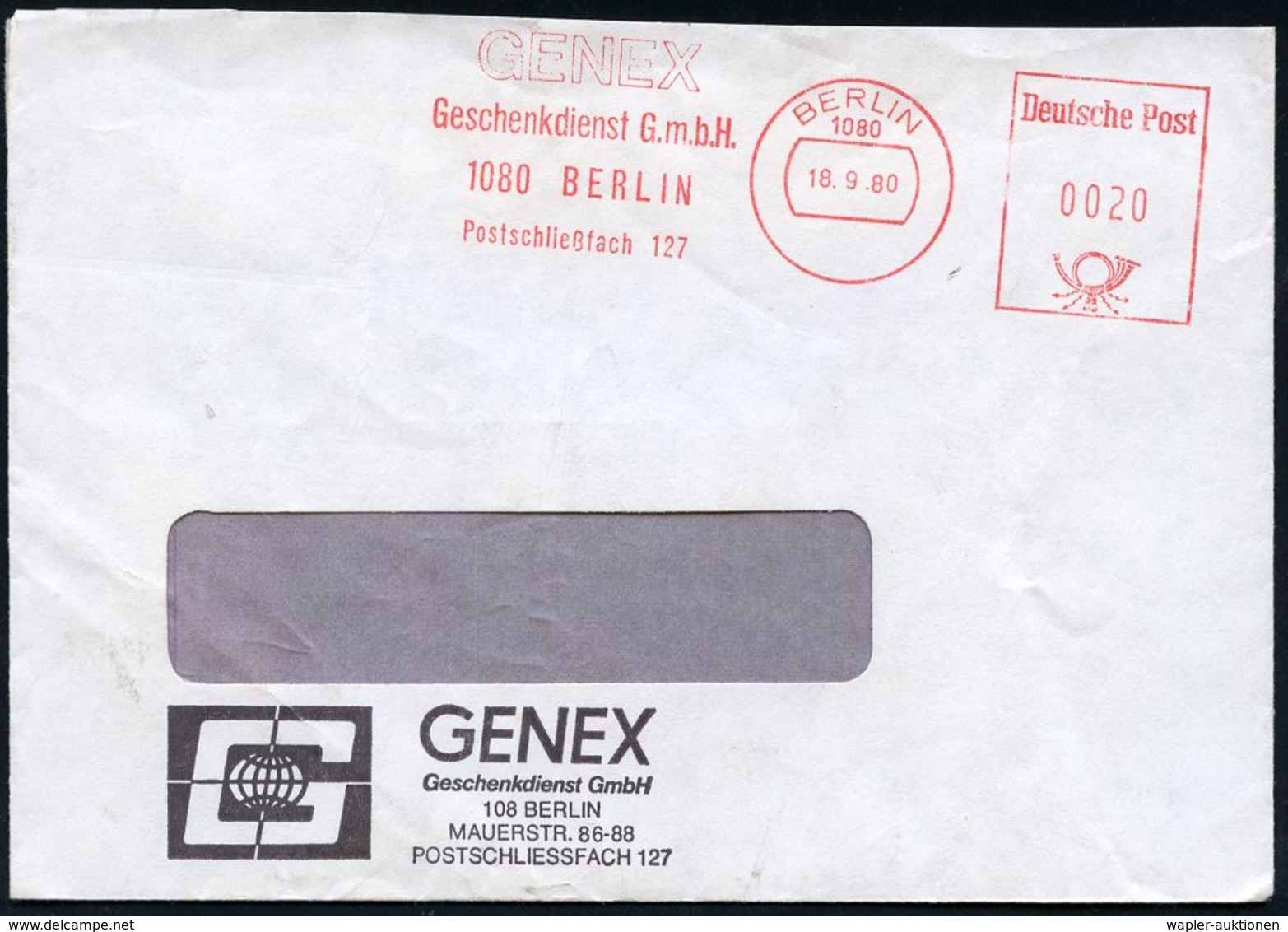 GESCHICHTE DER D.D.R. (1949 - 1990) : 1080 BERLIN/ GENEX/ Geschenkdienst GmbH.. 1980 (18.9.) AFS Postalia Sonderform, Vi - Autres & Non Classés