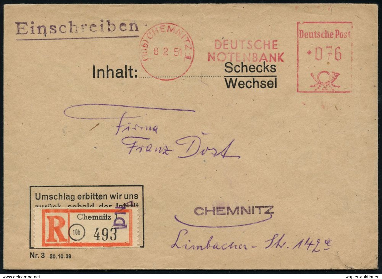 GESCHICHTE DER D.D.R. (1949 - 1990) : (10b) CHEMNITZ 1/ DEUTSCHE/ NOTENBANK 1950 (8.2.) AFS 076 Pf. + Seltener Firmen-RZ - Sonstige & Ohne Zuordnung