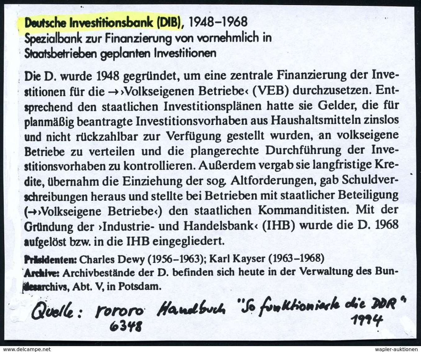 GESCHICHTE DER D.D.R. (1949 - 1990) : (10a) DRESDEN A1/ DIB/ DEUTSCHE/ INVESTITIONSBANK/ IM ZEICHEN DER WIEDERAUFBAUES.. - Autres & Non Classés