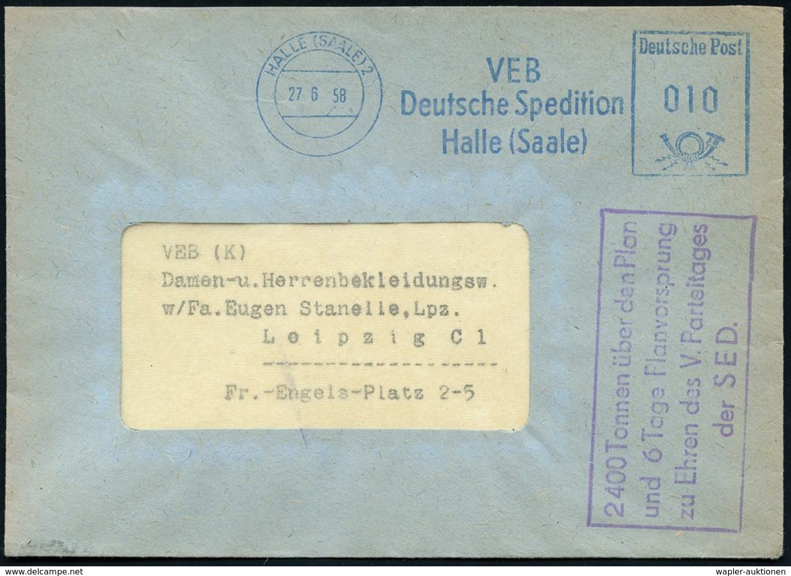 GESCHICHTE DER D.D.R. (1949 - 1990) : HALLE (SAALE) 2/ VEB/ Deutsche Spedition.. 1958 (27.6.) Blauer AFS = DDR-Dienstfar - Sonstige & Ohne Zuordnung