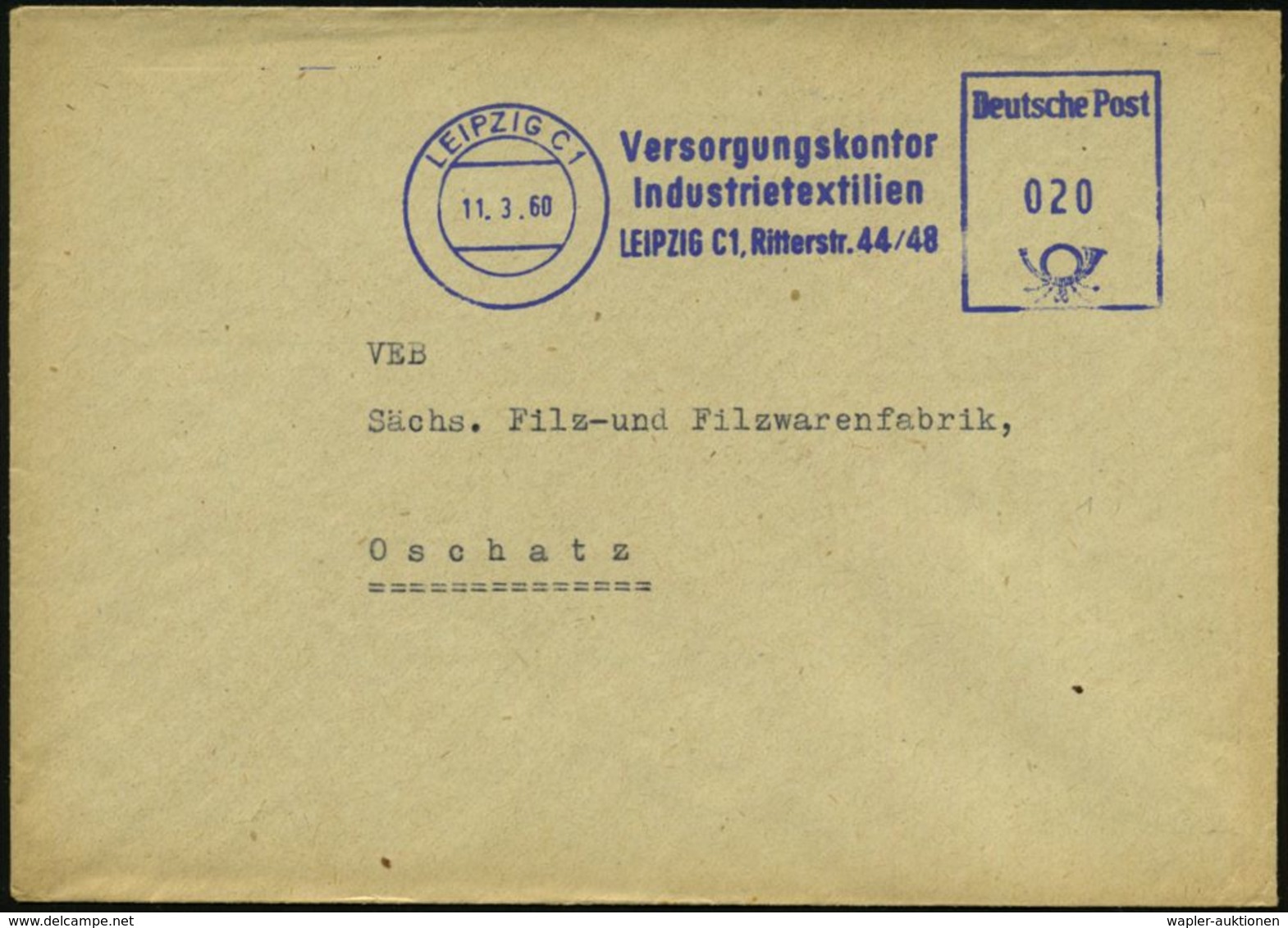GESCHICHTE DER D.D.R. (1949 - 1990) : LEIPZIG C 1/ Versorgungskontor/ Industrietextilien.. 1960 (11.3.) Blauer AFS = DDR - Other & Unclassified