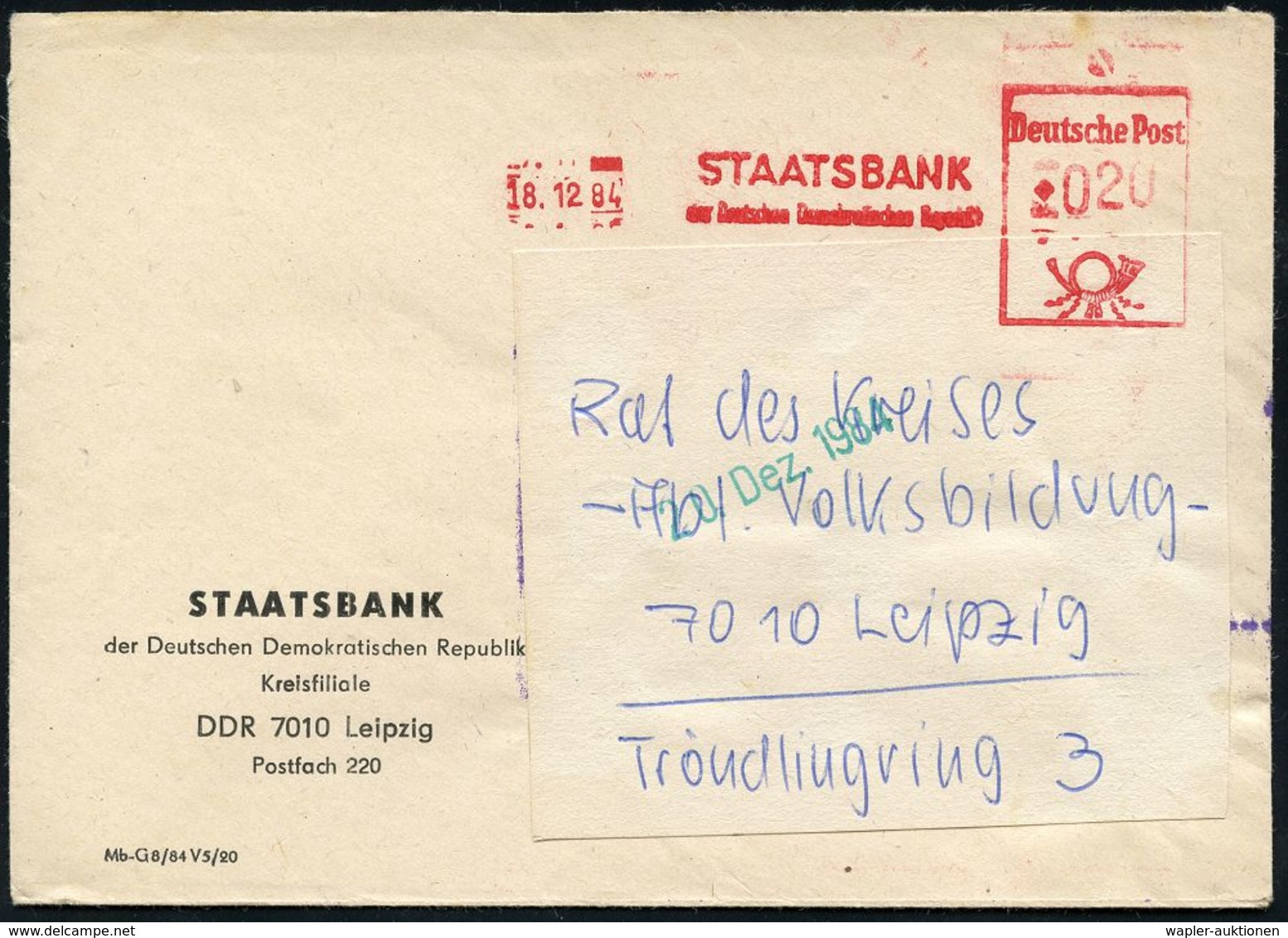 GESCHICHTE DER D.D.R. (1949 - 1990) : (LEIPZIG)/ STAATSBANK/ Der DDR 1984 (18.12.) AFS Ohne Ortsstempel (nur Datum) 020  - Autres & Non Classés