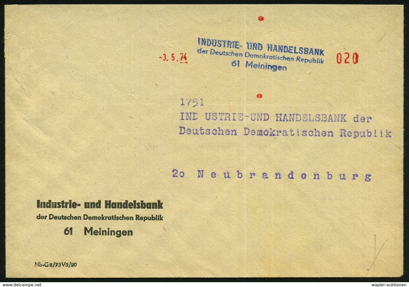 GESCHICHTE DER D.D.R. (1949 - 1990) : 61 Meiningen 1974 (3.5.) Total Aptierter AFS Postalia Ohne Ortsstempel, Wertrahmen - Autres & Non Classés