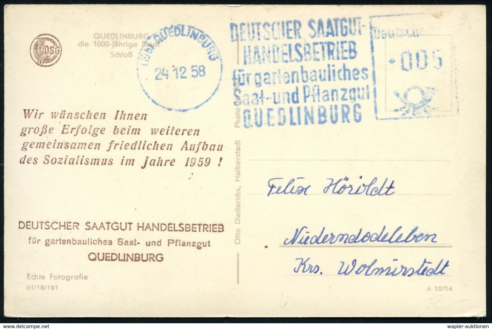 GESCHICHTE DER D.D.R. (1949 - 1990) : (19b) QUEDLINBURG/ DEUTSCHER SAATGUT-/ HANDELSBETRIEB.. 1958 (24.12.) Blauer AFS M - Sonstige & Ohne Zuordnung