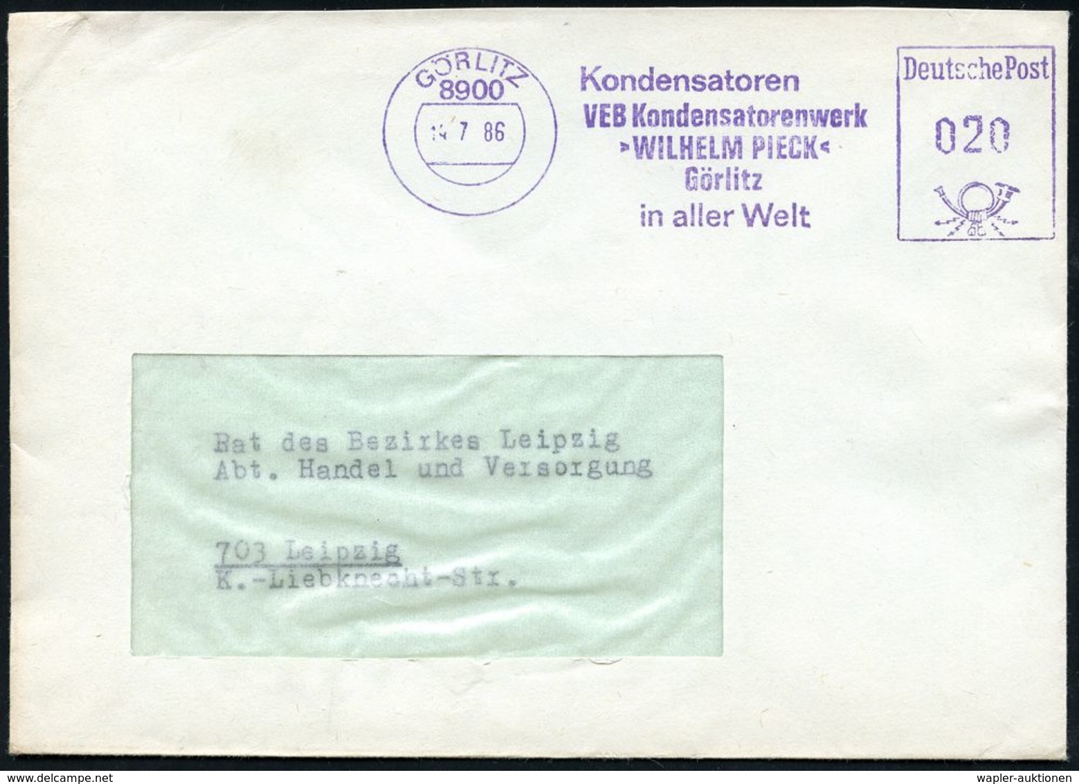 Z.K.D. / ZENTRALER KURIERDIENST DER D.D.R. (1956-90) : 8900 GÖRLITZ/ Kondensatoren/ VEB Konsendatorenwerk/ "WILHELM PIEC - Other & Unclassified