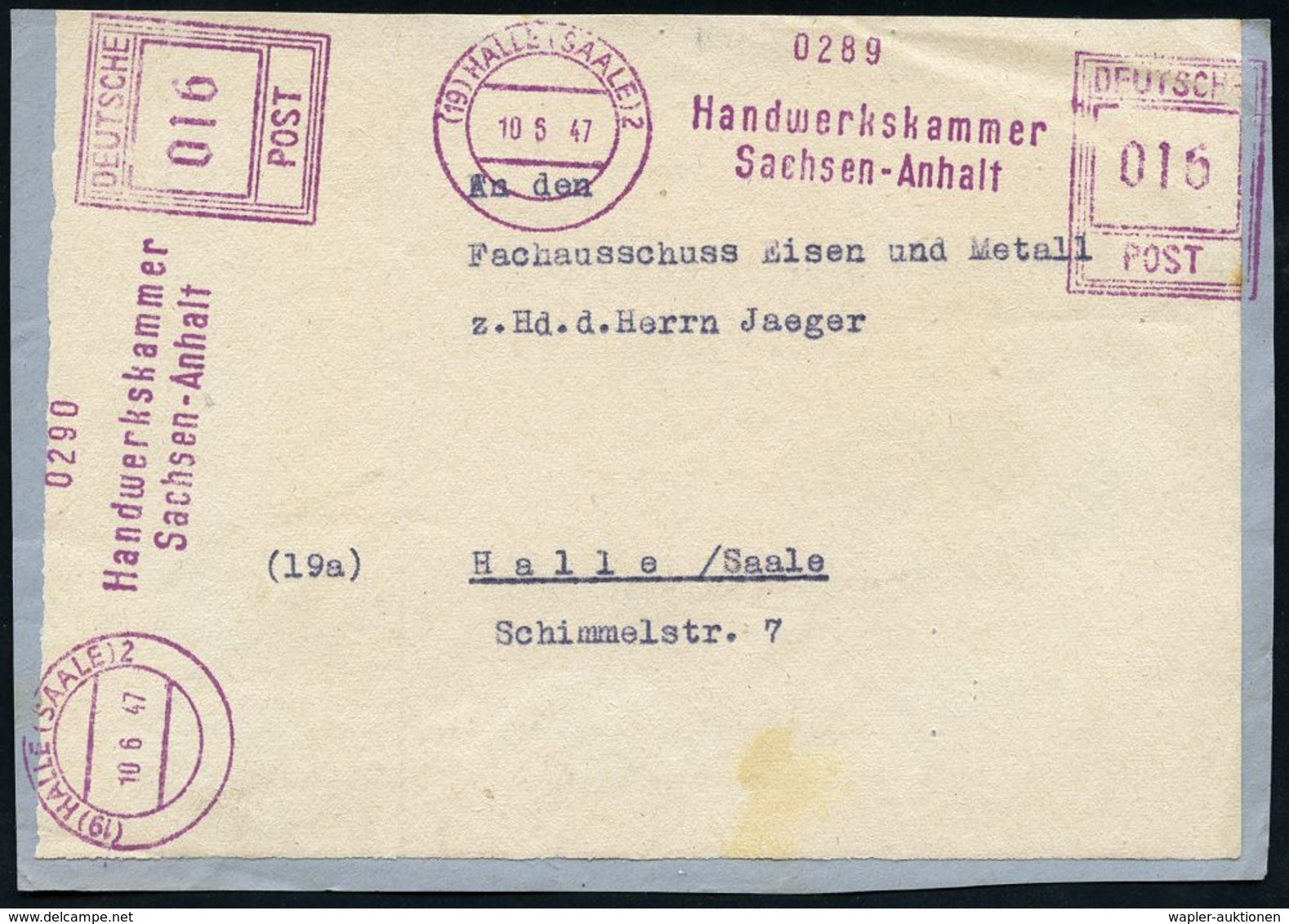 Z.K.D. / ZENTRALER KURIERDIENST DER D.D.R. (1956-90) : (19) HALLE (SAALE) 2/ Handwerkskammer../ ZKD 1947 (10.5.) Lila ZK - Autres & Non Classés