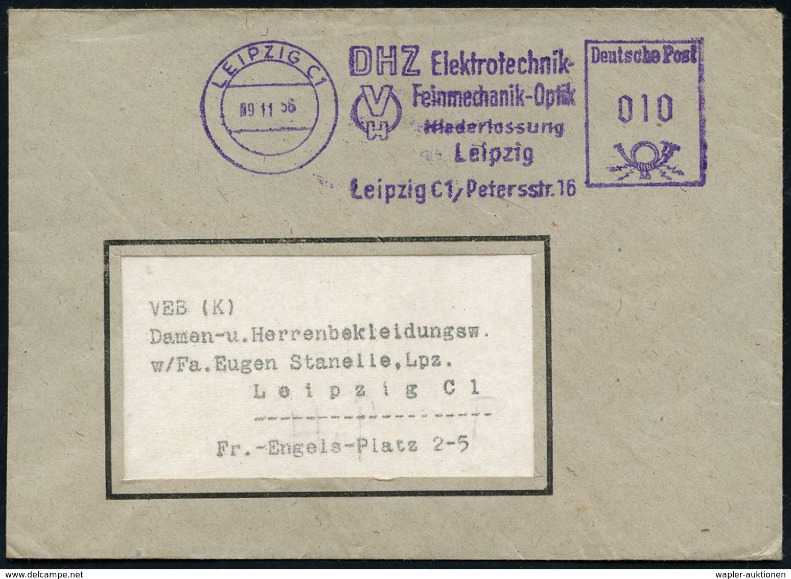 Z.K.D. / ZENTRALER KURIERDIENST DER D.D.R. (1956-90) : LEIPZIG C 1/ DHZ Elektrotechnik-/ Feinmechanik-Optik.. 1956 (9.11 - Other & Unclassified