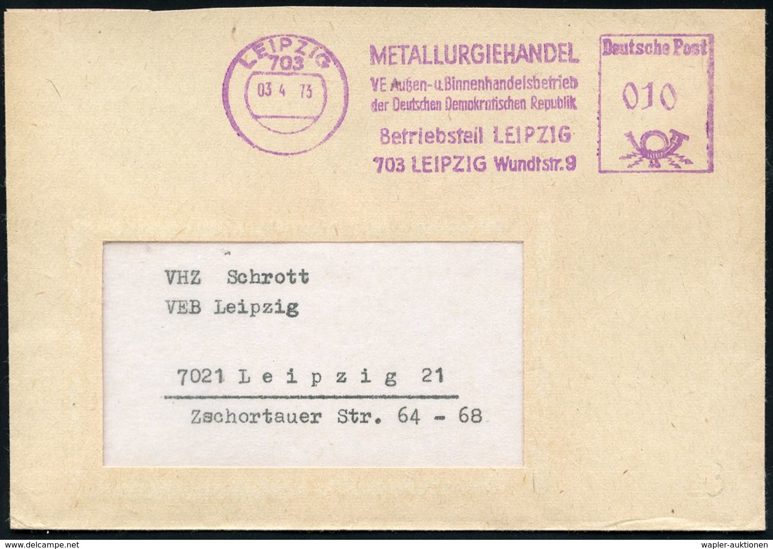 Z.K.D. / ZENTRALER KURIERDIENST DER D.D.R. (1956-90) : 703 LEIPZIG/ METALLURGIEHANDEL.. 1973 (3.4.) L I L A  AFS In ZKD- - Other & Unclassified