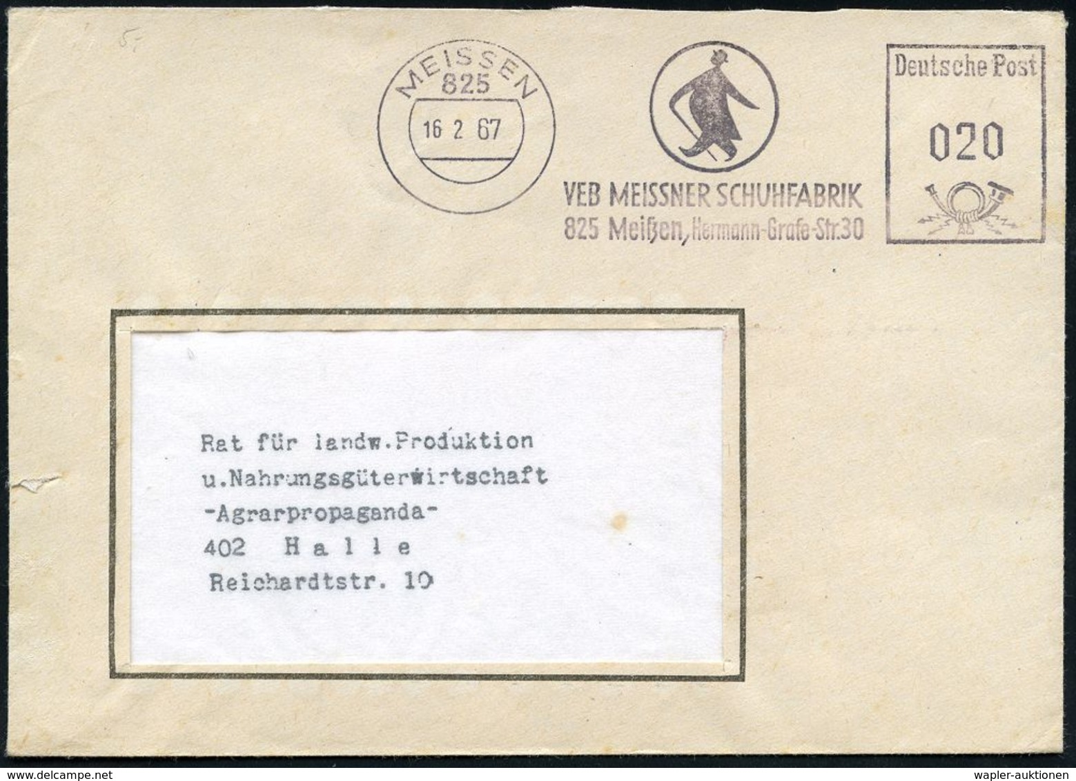 Z.K.D. / ZENTRALER KURIERDIENST DER D.D.R. (1956-90) : 825 MEISSEN/ VEB MEISSNER SCHUFABRIK.. 1967 (16.2.) L I L A  AFS  - Sonstige & Ohne Zuordnung