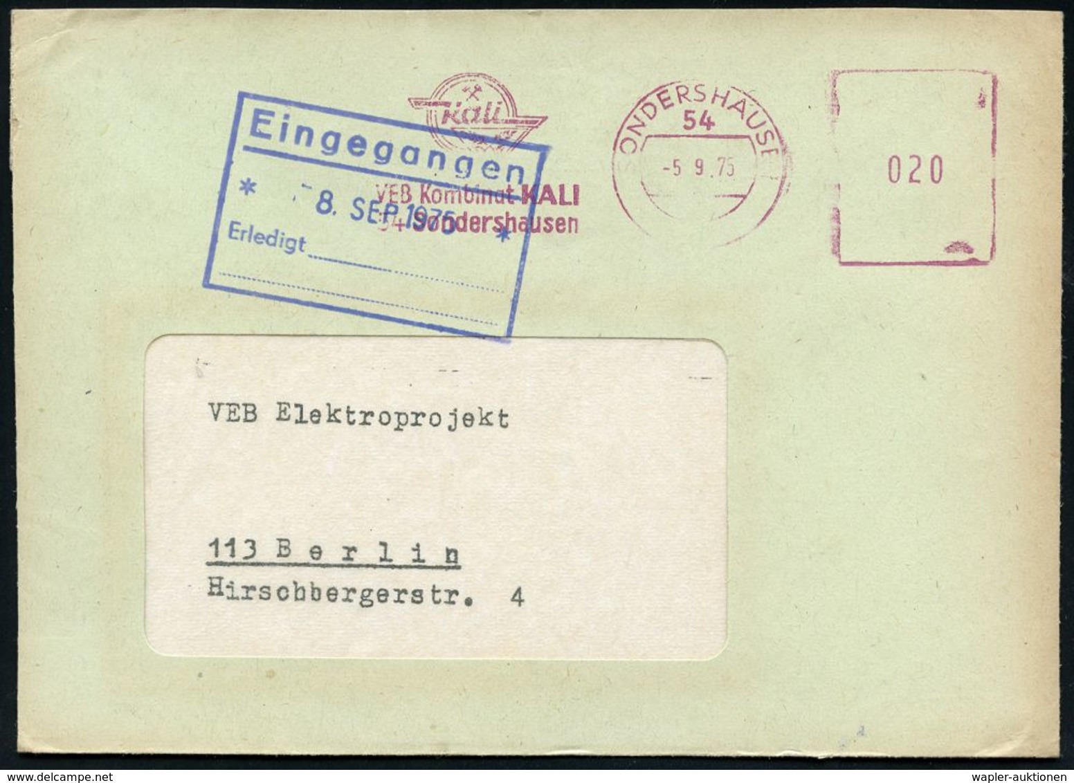 Z.K.D. / ZENTRALER KURIERDIENST DER D.D.R. (1956-90) : 54 SONDERHAUSEN/ Kali/ VEB Kombinat KALI.. 1975 (5.9.) L I L A  Z - Andere & Zonder Classificatie