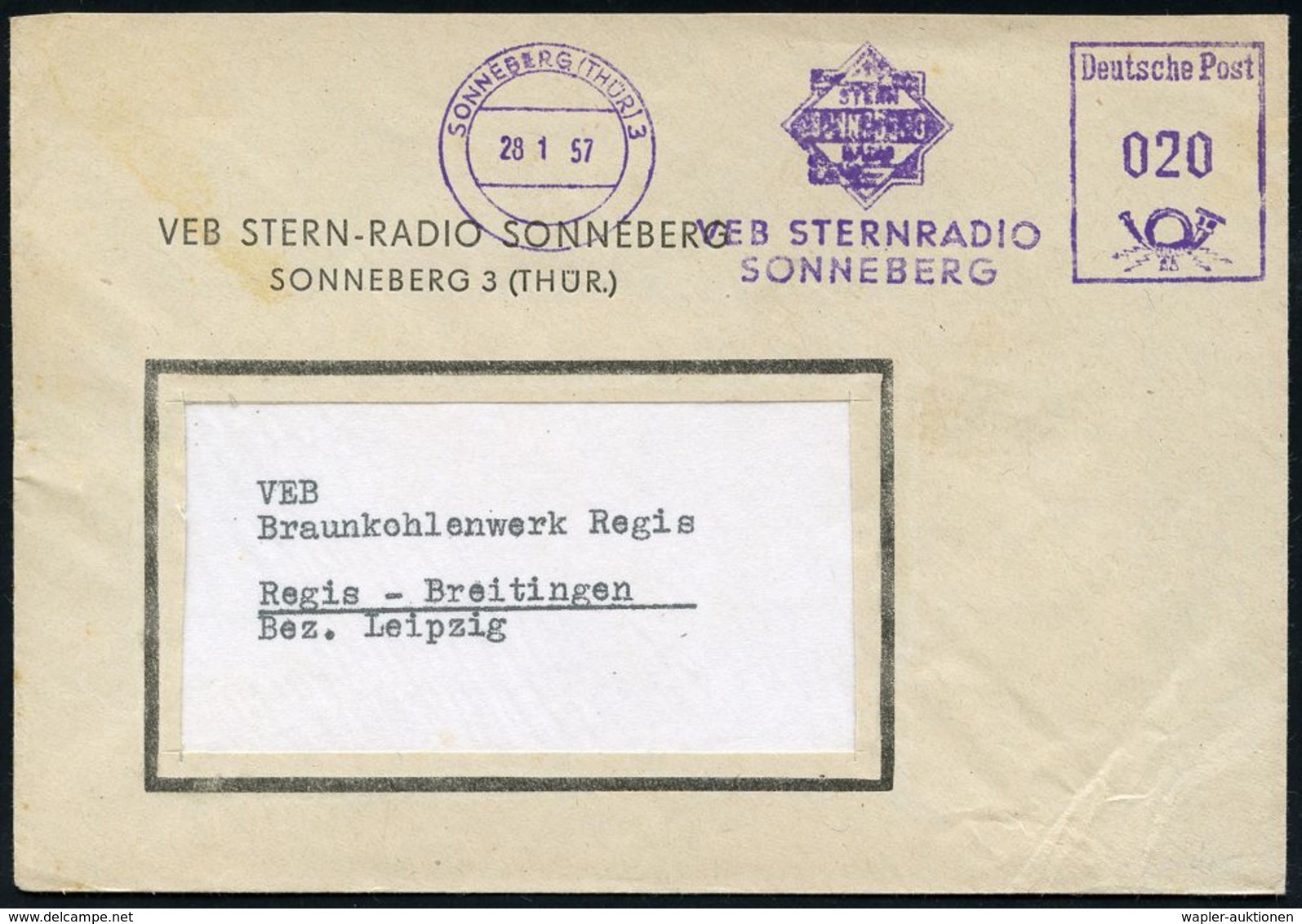 Z.K.D. / ZENTRALER KURIERDIENST DER D.D.R. (1956-90) : SONNEBERG (THÜR) 3/ ..VEB STERNRADIO.. 1957 (28.1.) L I L A  AFS  - Other & Unclassified