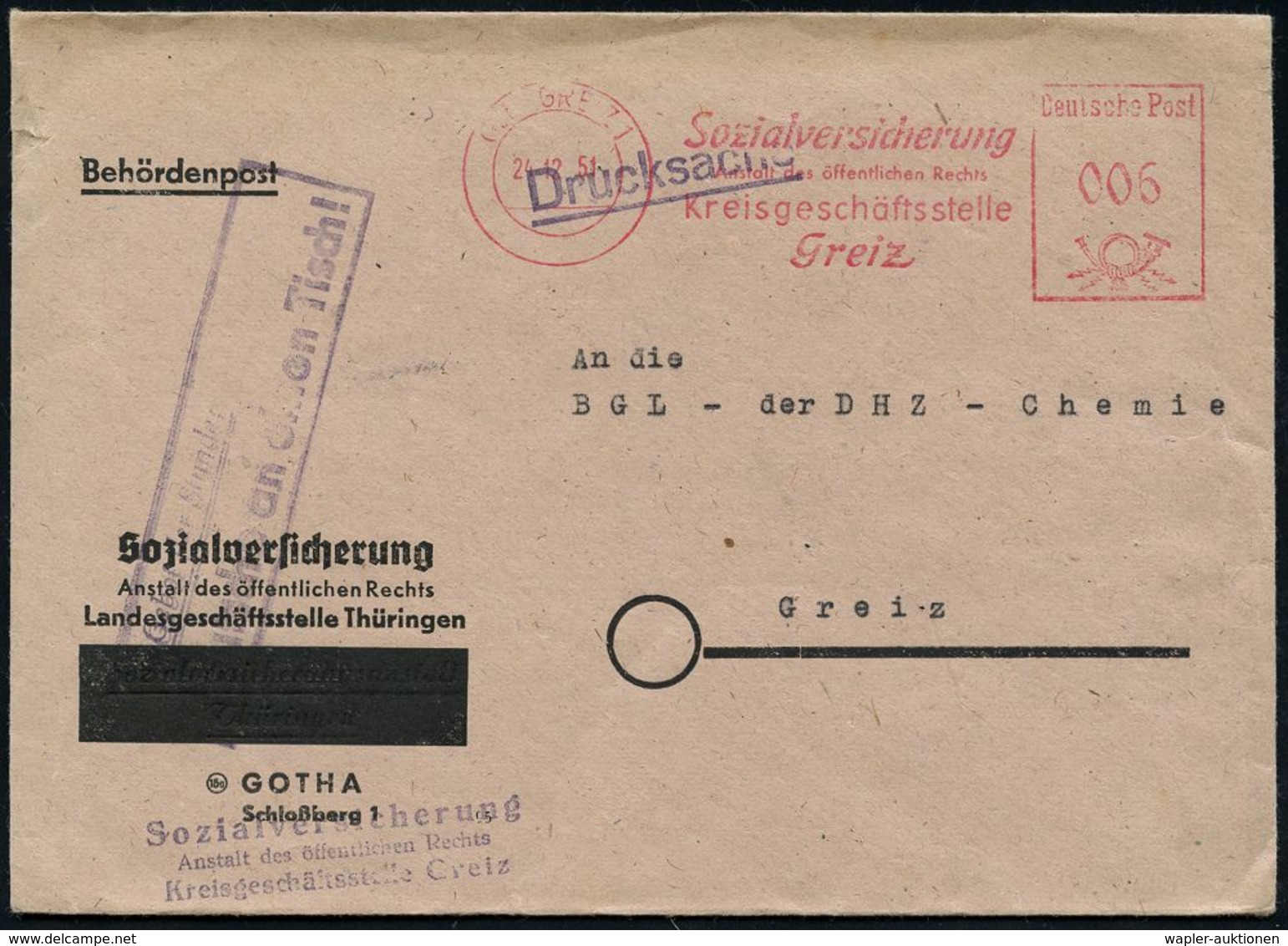 KALTER KRIEG (OST-WEST-KONFLIKT) 1945-90 : (10b) GREIZ 1/ Sozialversicherung../ Greiz 1951 (24.12.) AFS + Seltener, Amtl - Other & Unclassified