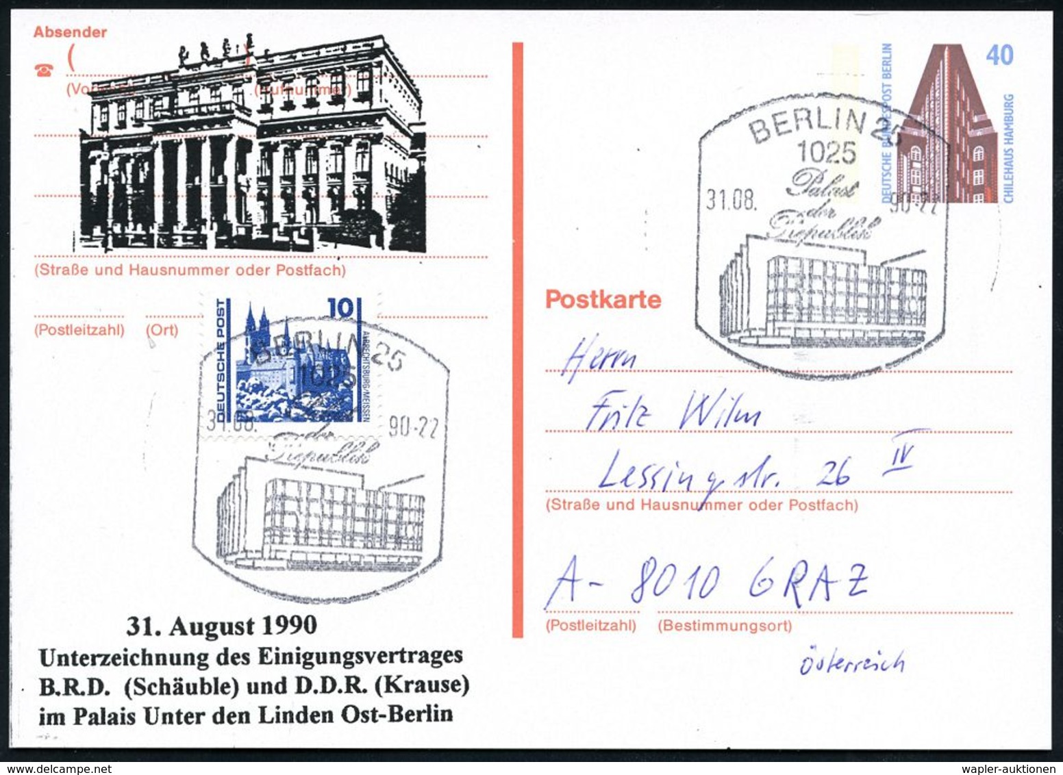 WIEDERVEREINIGTES DEUTSCHLAND : 1025 BERLIN 25/ Palast/ Der/ Republik 1990 (31.8.) HWSt = Hauspostamt DDR-Volkskammer (i - Altri & Non Classificati
