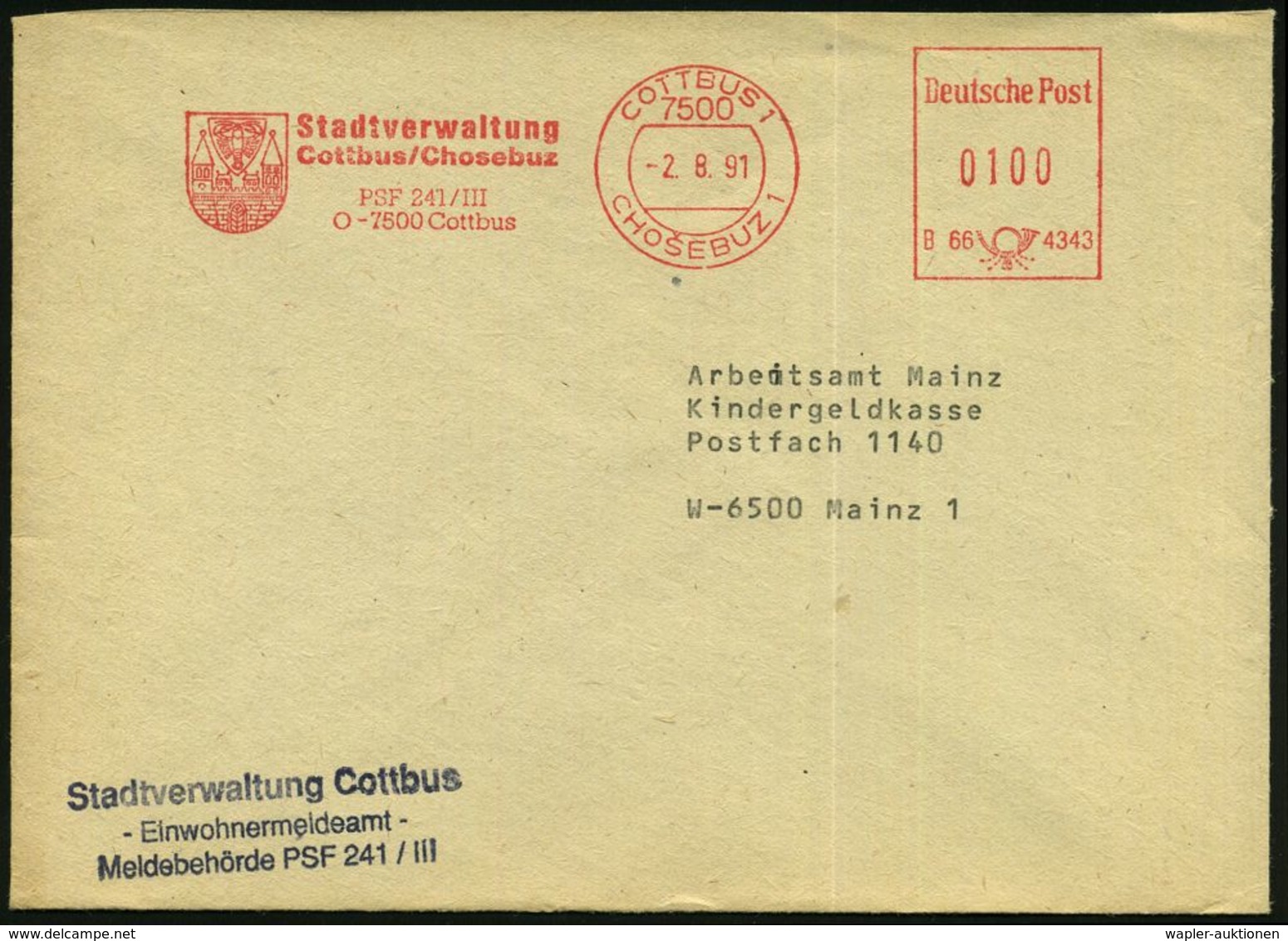 WIEDERVEREINIGTES DEUTSCHLAND : 7500 COTTBUS 1/ CHOSEBUZ 1/ B66 4343/ Stadtverwaltung.. 1991 (2.8.) AFS Postalia "Deutsc - Sonstige & Ohne Zuordnung