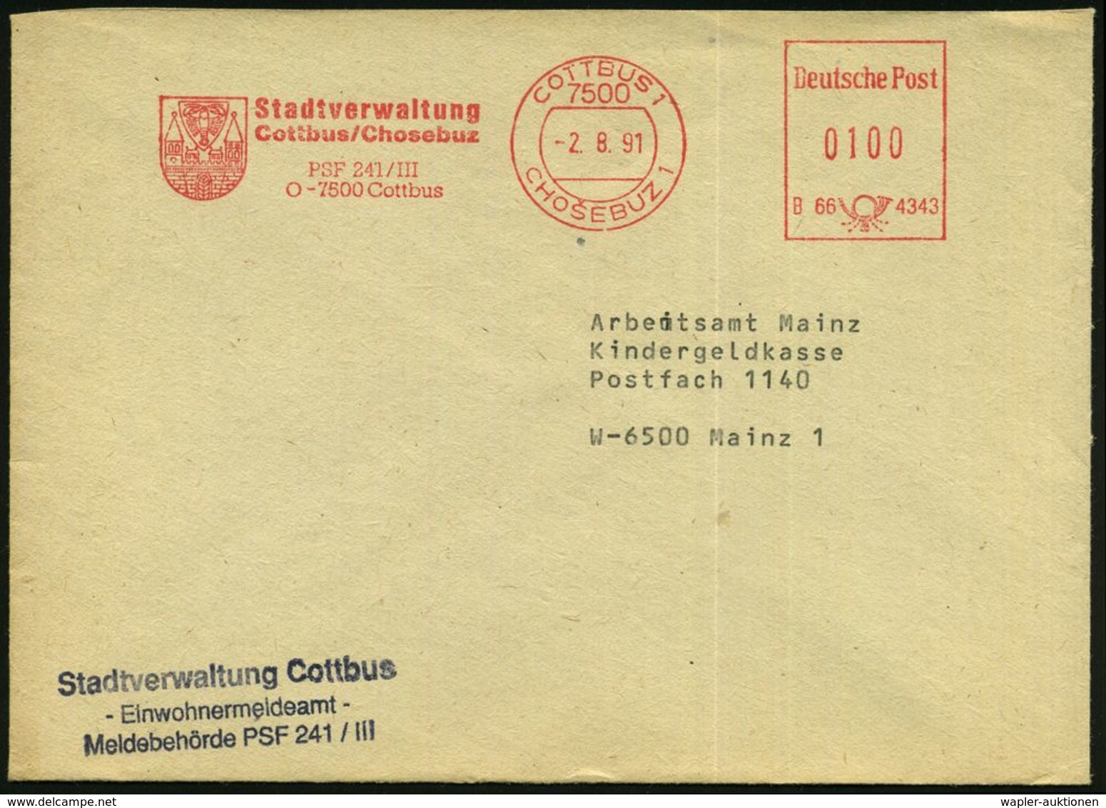 WIEDERVEREINIGTES DEUTSCHLAND : 7500 COTTBUS 1/ CHOSEBUZ 1/ B66 4343/ Stadtverwaltung.. 1991 (2.8.) AFS Postalia "Deutsc - Autres & Non Classés