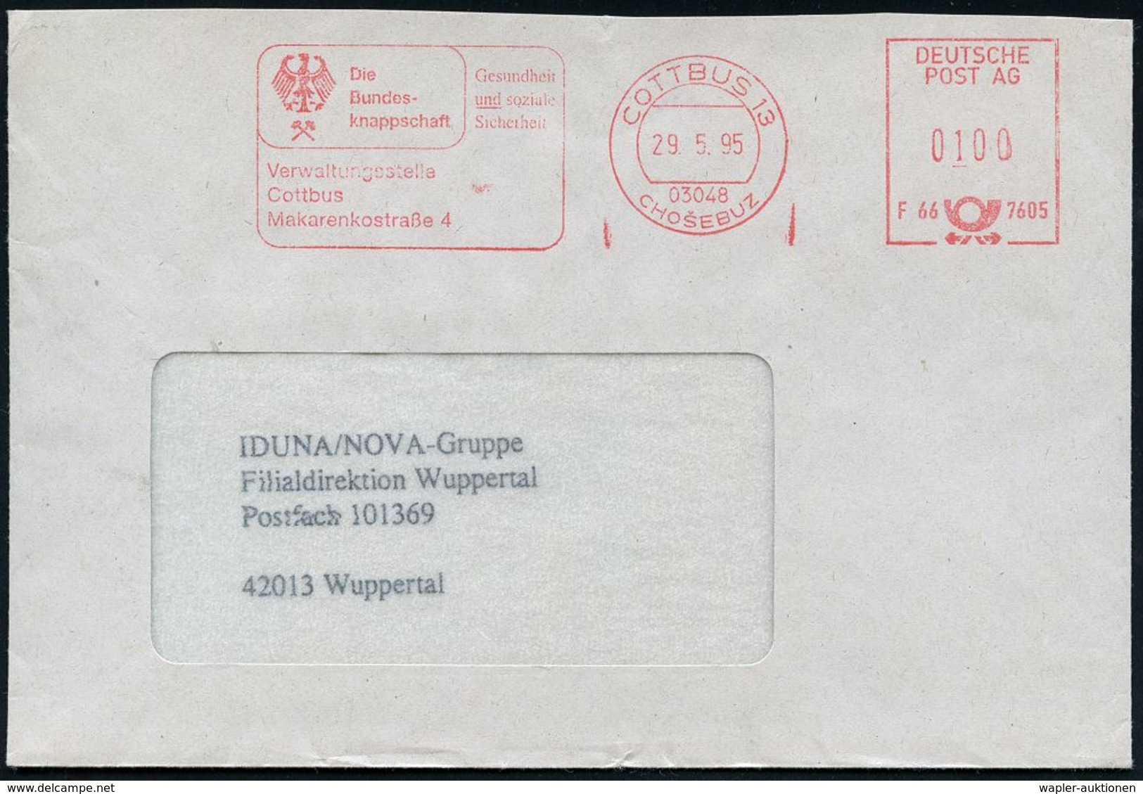 WIEDERVEREINIGTES DEUTSCHLAND : 03048 COTTBUS 13/ CHOSEBUZ/ Die/ Bundes-/ Knappschaft.. 1995 (29.5.) AFS Postalia "DEUTS - Autres & Non Classés