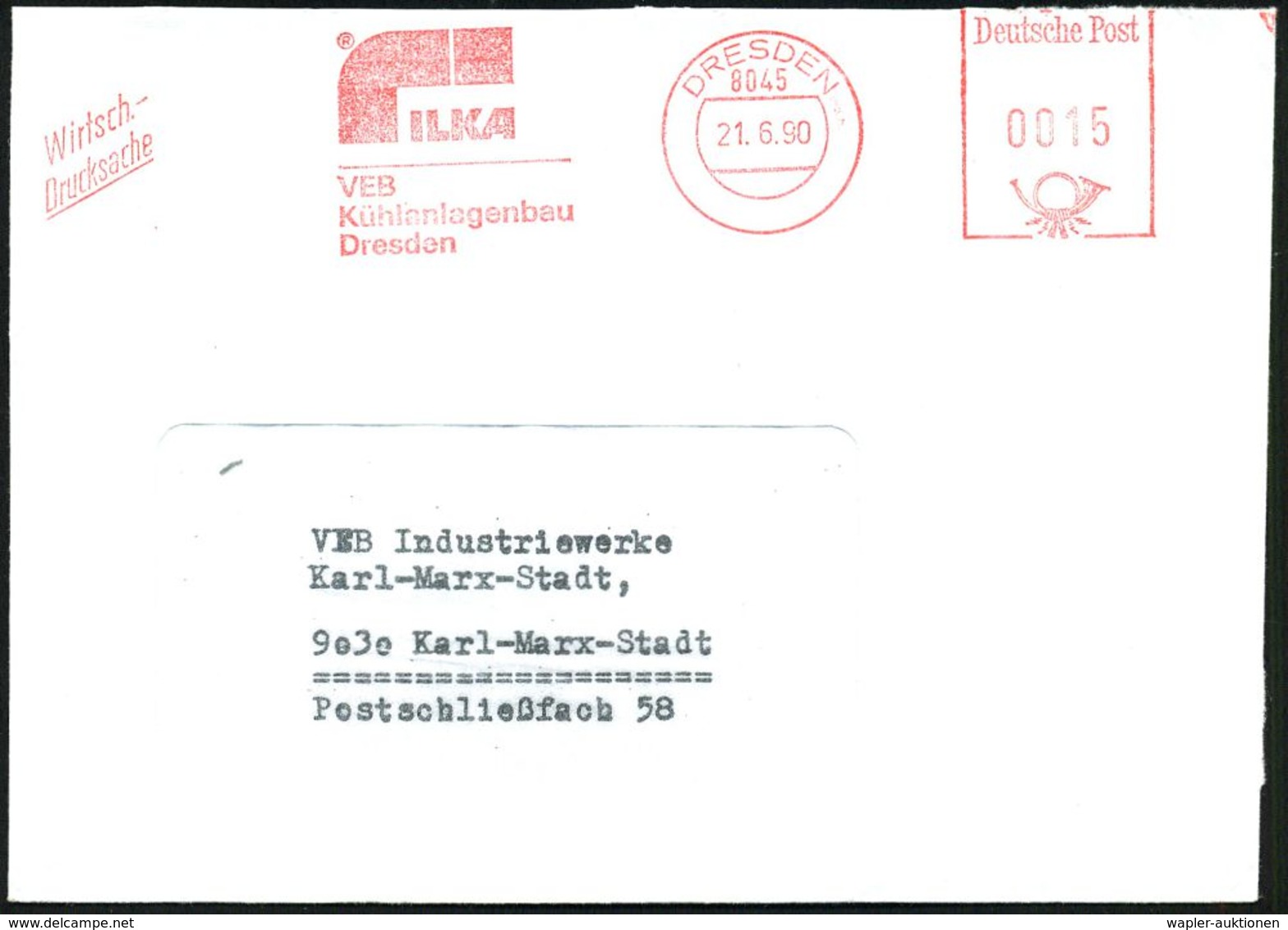 WIEDERVEREINIGTES DEUTSCHLAND : 8045 DRESDEN/ ILKA/ VEB/ Kühlanlagenbau 1990 (21.6.) AFS "Hasler", Typ "Deutsche Post" 0 - Autres & Non Classés