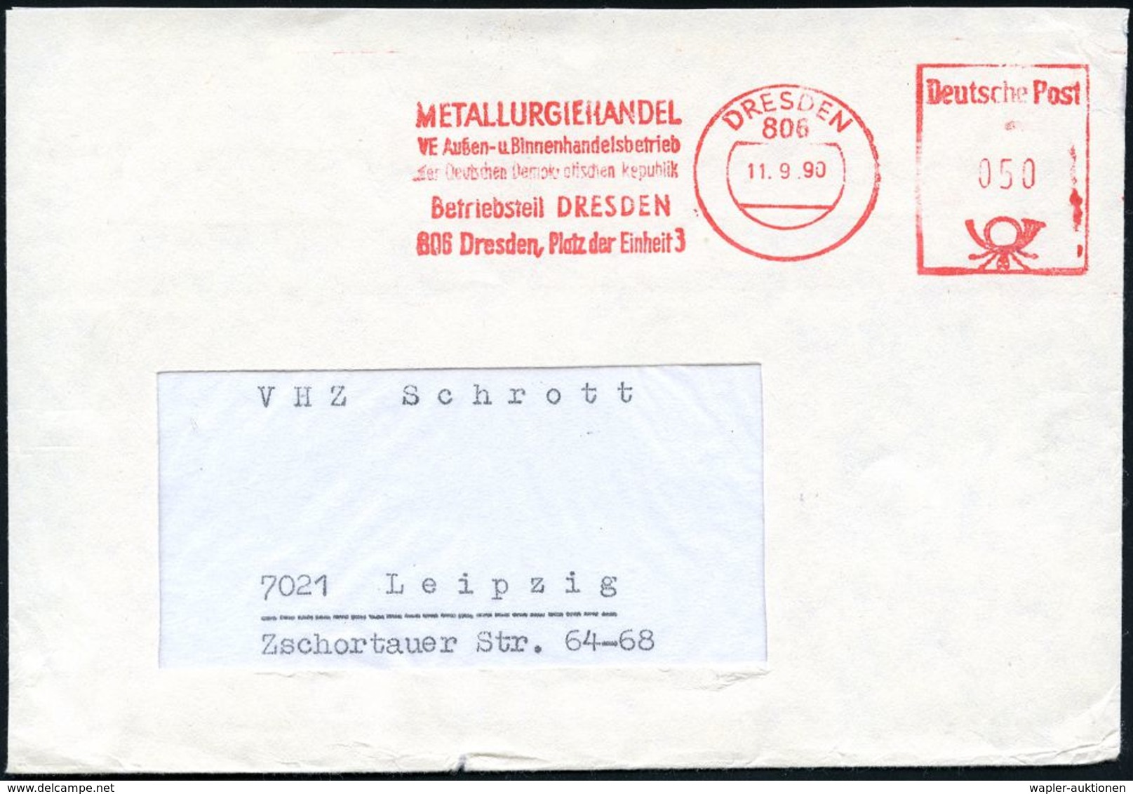 WIEDERVEREINIGTES DEUTSCHLAND : 806 DRESDEN/ METALLURGIEHANDEL/ VE../ Der DDR.. 1990 (11.9.) AFS Postalia 050 Pf. VGO-Ta - Autres & Non Classés