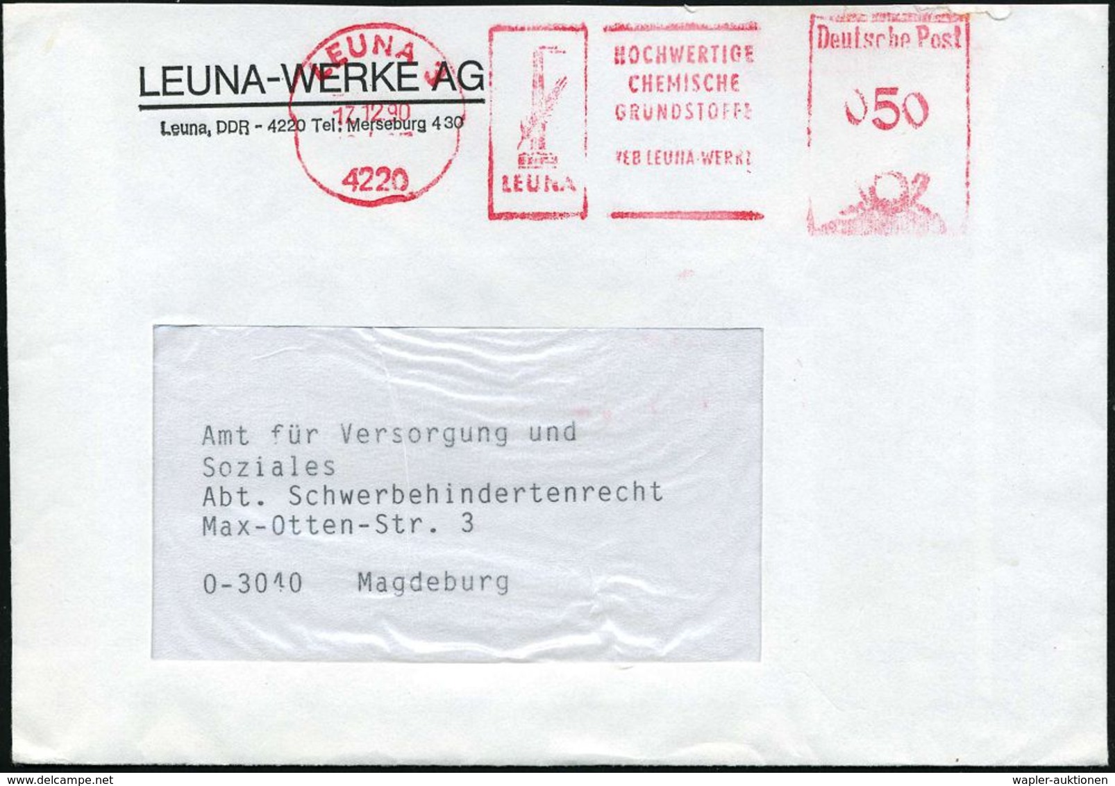 WIEDERVEREINIGTES DEUTSCHLAND : 4220 LEUNA 3/ HOCHWERTIGE/ CHEMISCHE/ GRUNDSTOFFE/ VEB LEUNA WERKE 1990 (12.12.) AFS 050 - Sonstige & Ohne Zuordnung