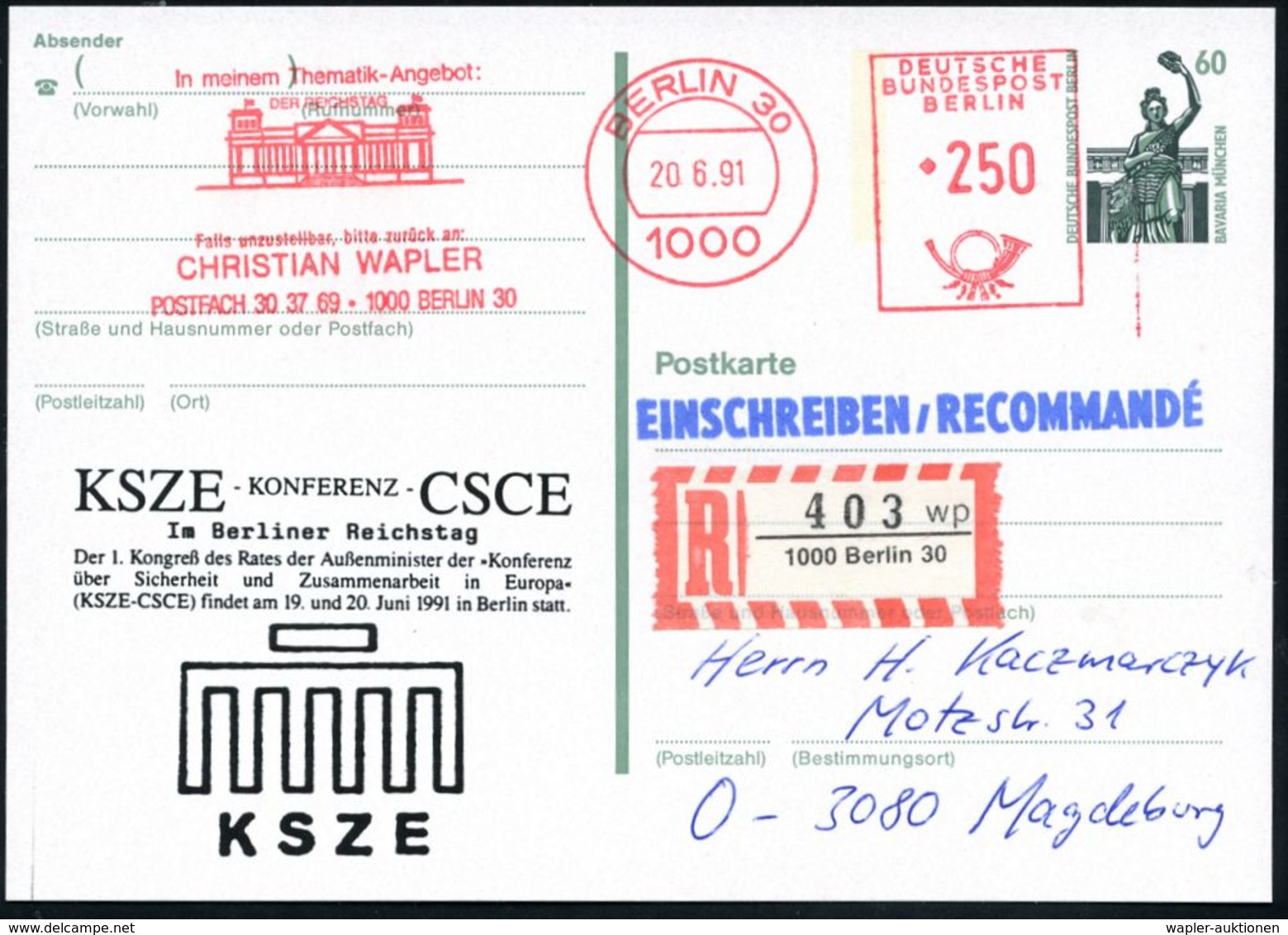 WIEDERVEREINIGTES DEUTSCHLAND : BERLIN 1991 (20.6.) AFS 250 Pf. (Reichstag) Als VE Auf Amtl.P 60 Pf. Bavaria, Grün + Zud - Autres & Non Classés