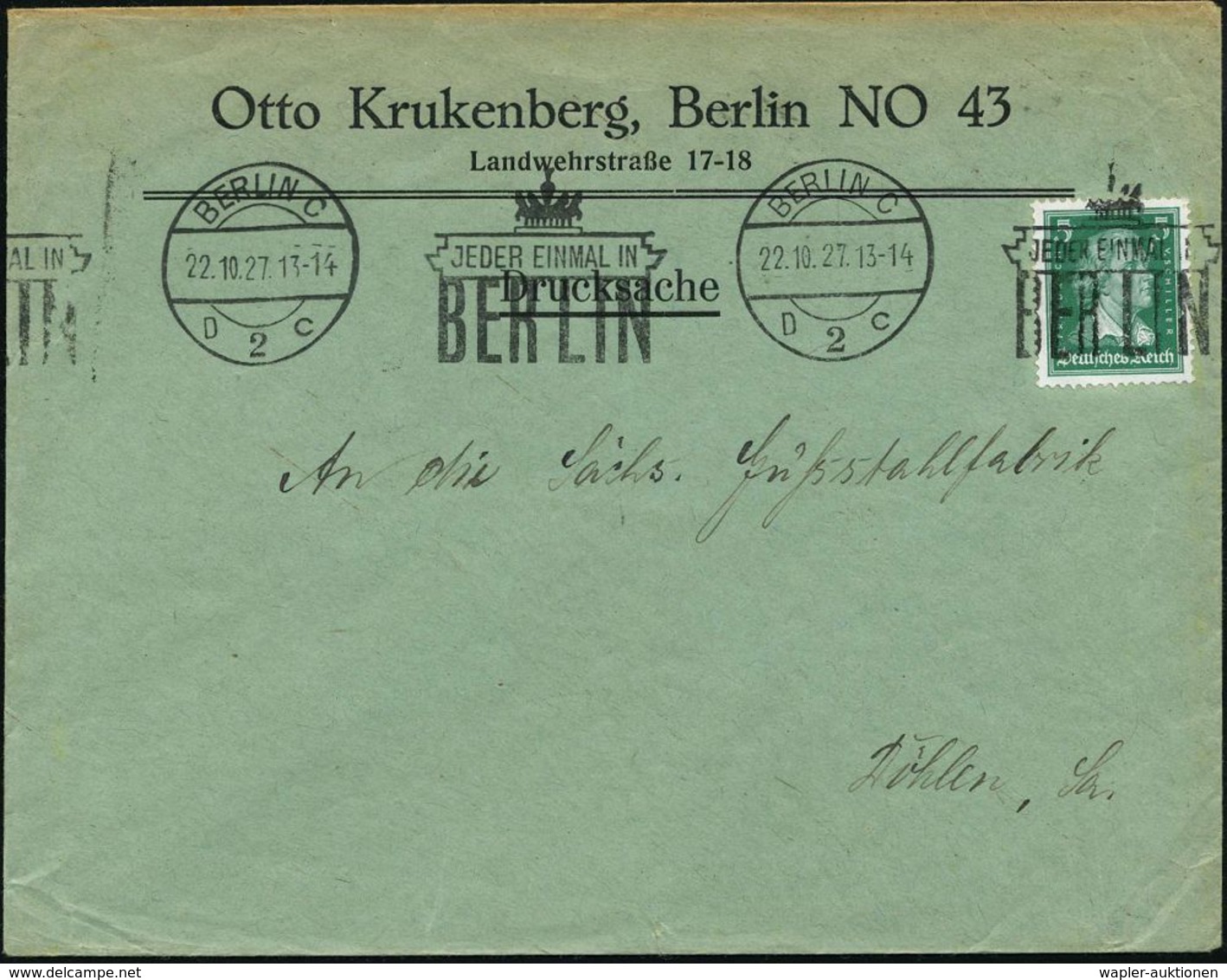 BRANDENBURGER TOR - EIN DEUTSCHES SYMBOL : BERLIN C/ D2c/ JEDER EINMAL IN/ BERLIN 1927 (27.9.) BdMWSt = Brandenbg. Tor , - Denkmäler