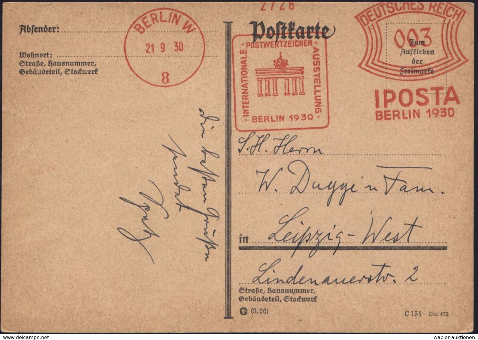 BRANDENBURGER TOR - EIN DEUTSCHES SYMBOL : BERLIN W/ 8/ INTERNAT:/ POSTWERTZEICHEN/ AUSSTELLUNG/ IPOSTA.. 1930 (21.9.) S - Monuments